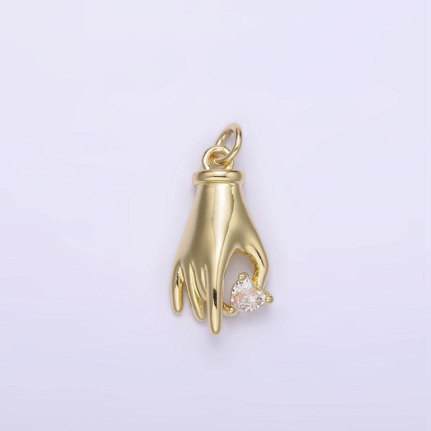 Hand with heart charm mini gold hand charm bracelet necklace dainty gold palm charm with clear red cz stone ag-202