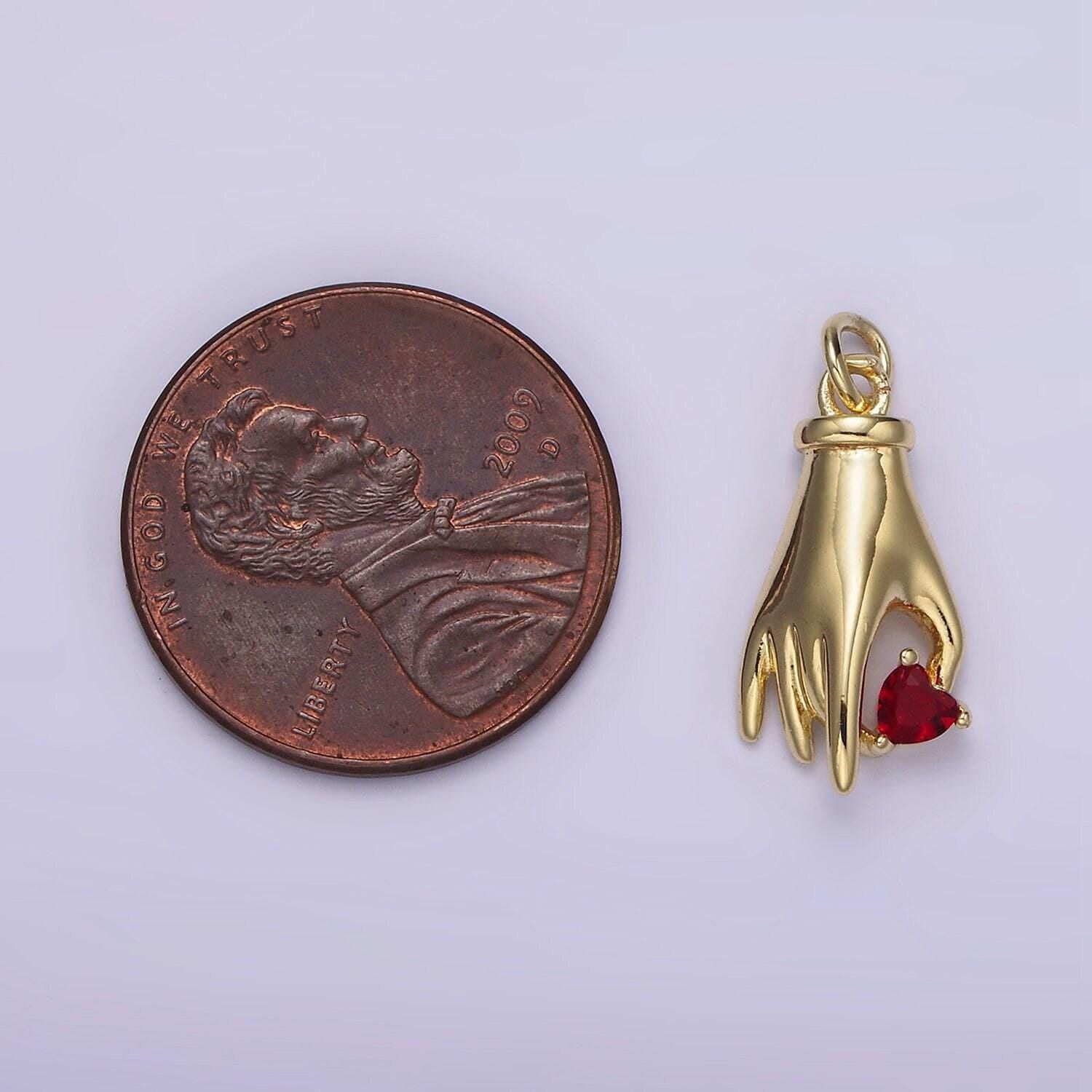 Hand with heart charm mini gold hand charm bracelet necklace dainty gold palm charm with clear red cz stone ag-202