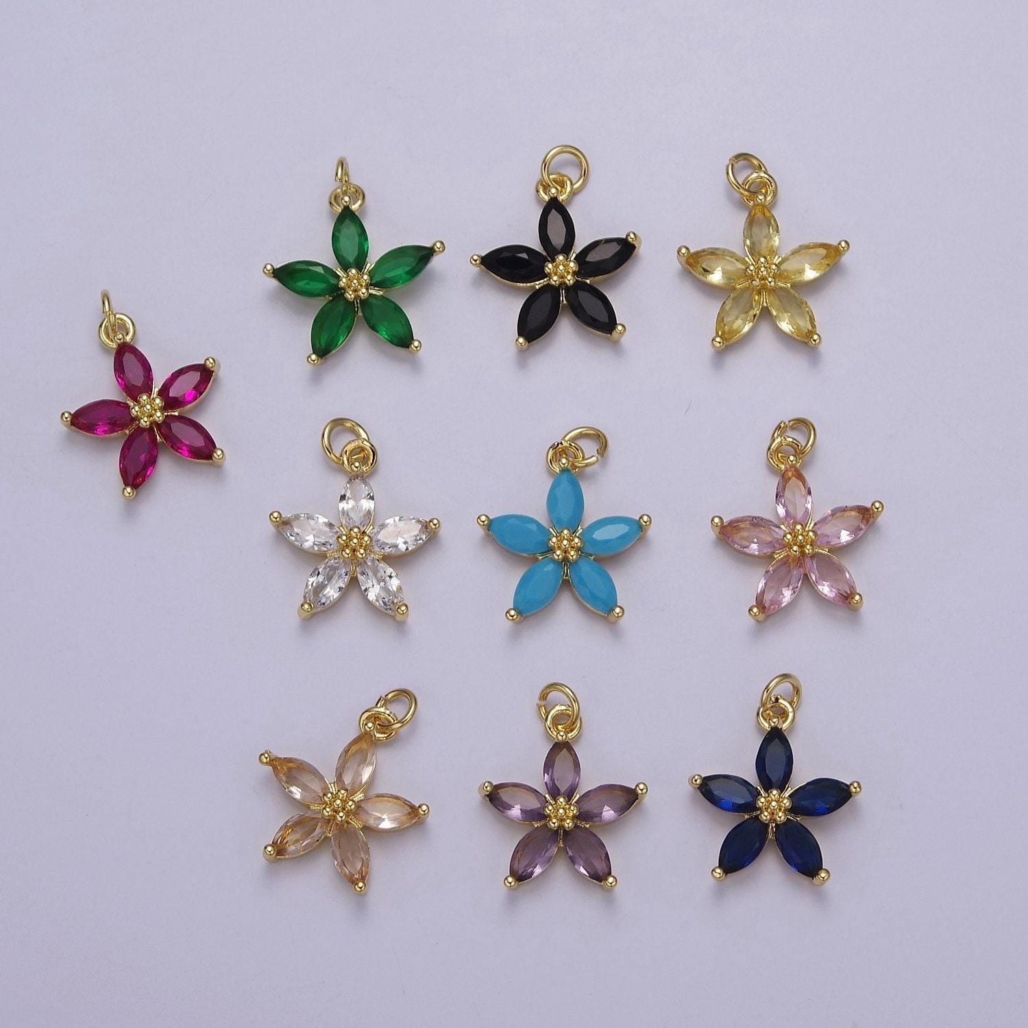 Dainty gold five petal flower pendant, flower charm, gold flower charm, earring bracelet necklace making finding e-448