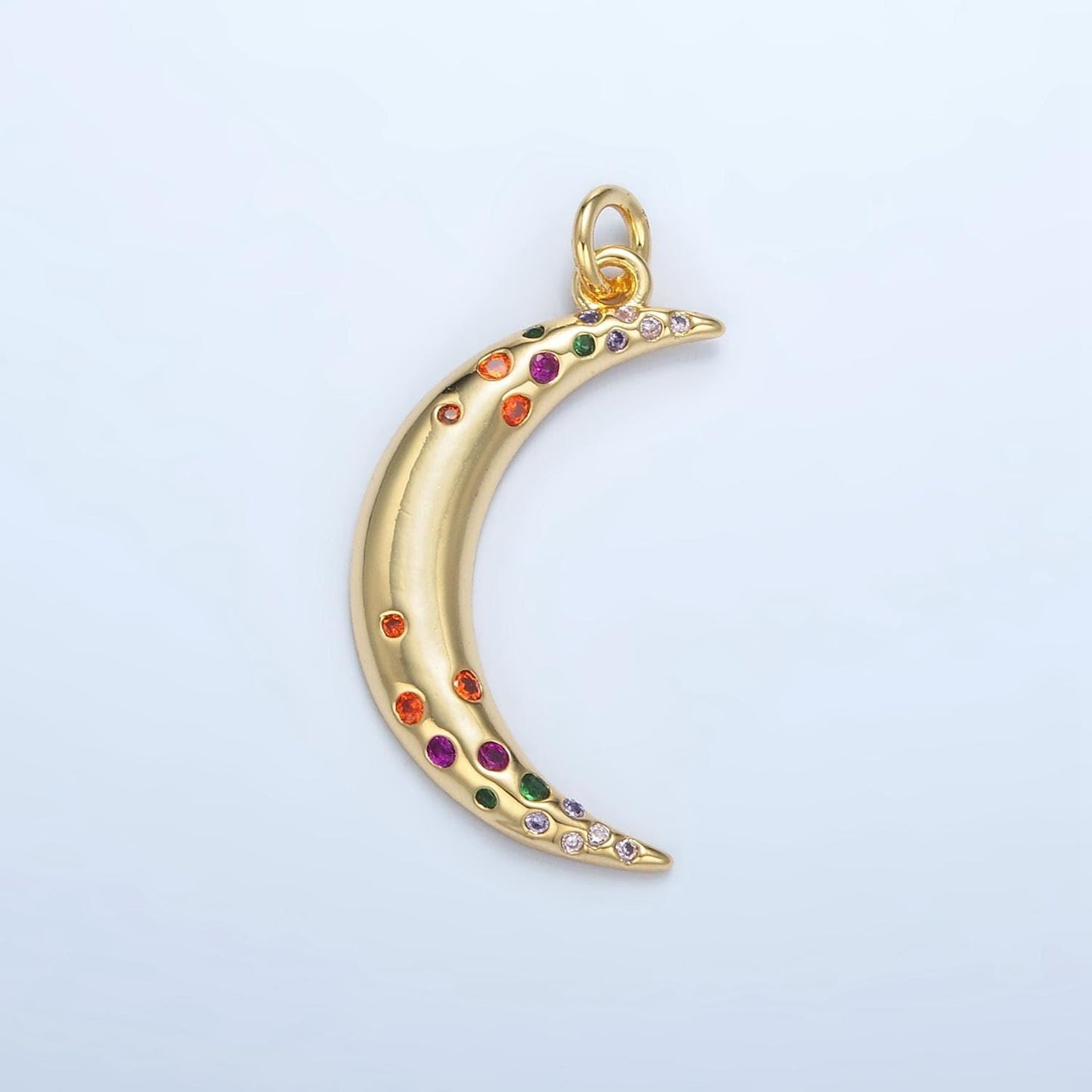 Multi-colored cz paved on gold filled celestial crescent moon charm | e-100