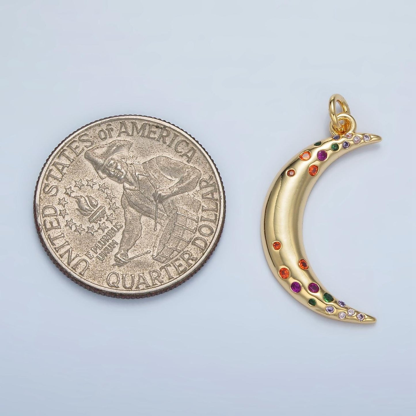 Multi-colored cz paved on gold filled celestial crescent moon charm | e-100