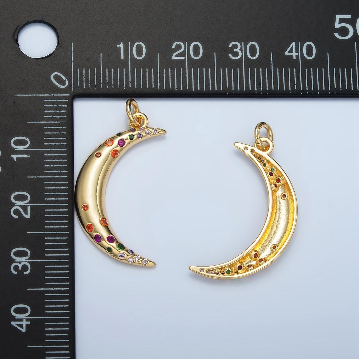 Multi-colored cz paved on gold filled celestial crescent moon charm | e-100