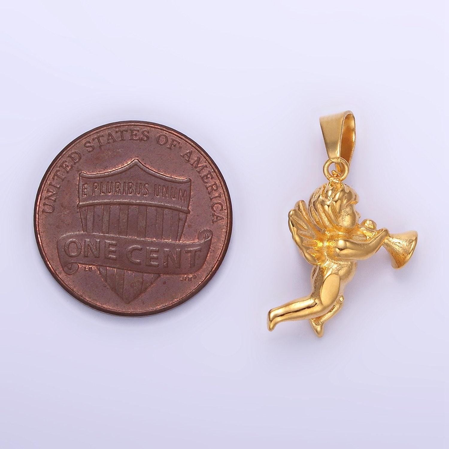 24k gold filed cherub baby angel with trumpet 3d mini valentine love charm in gold | p1456