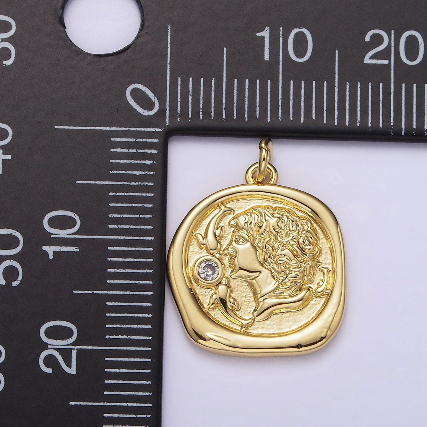 14k gold filled 20mm double fish clear cz mermaid portrait cameo stamped round charm | ah306