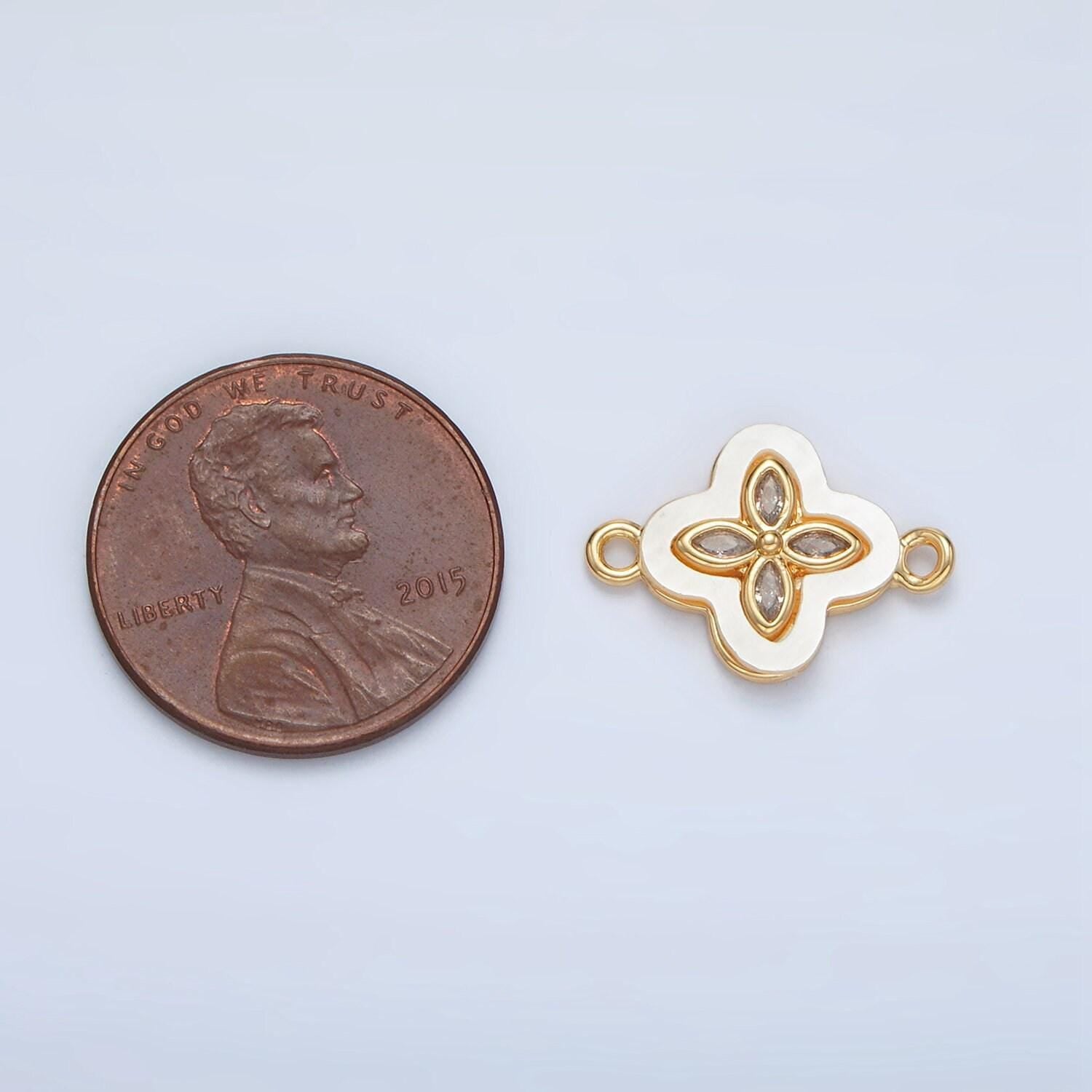 24k gold filled four leaf clover cz shell pearl connector | f-097
