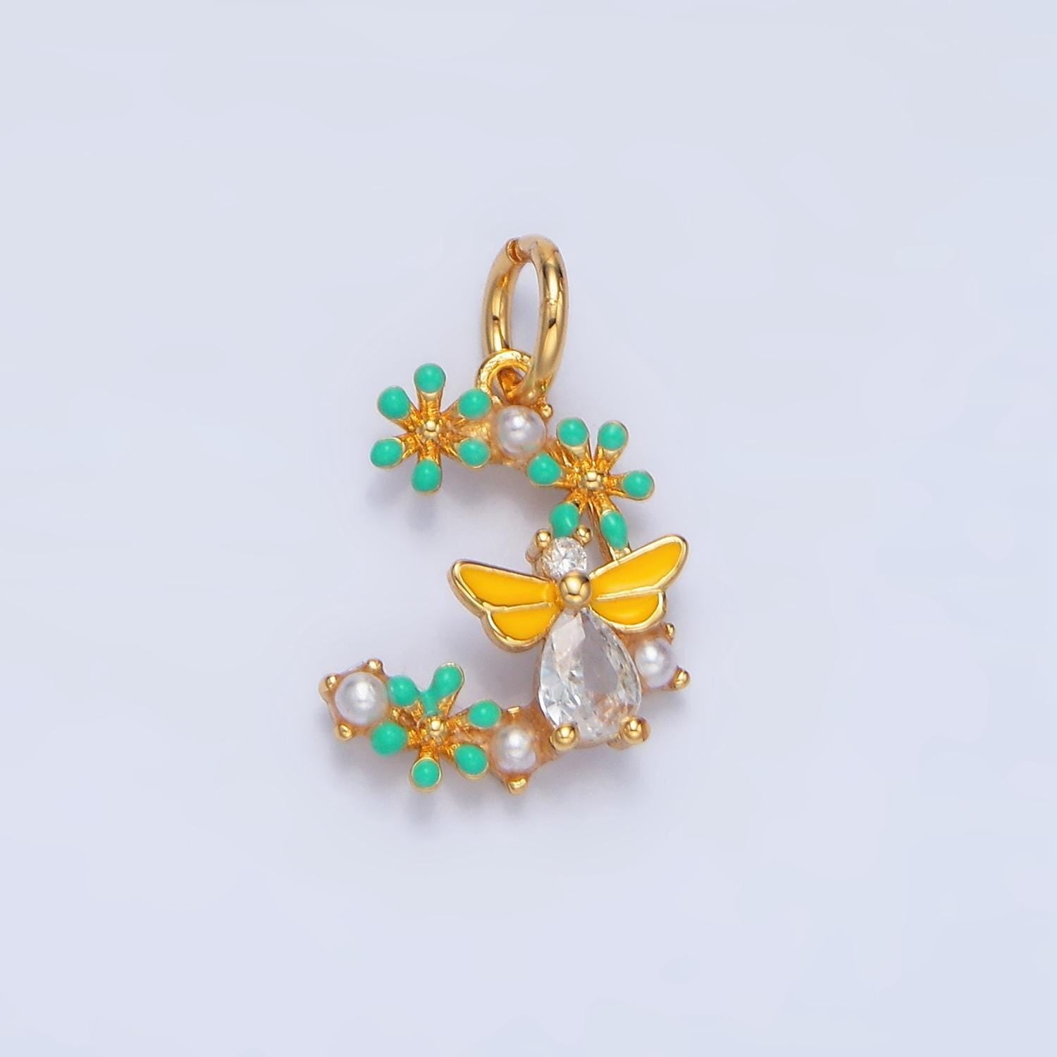 Curved turquoise flower bar + cz bee, 24k gold filled charm | x-605