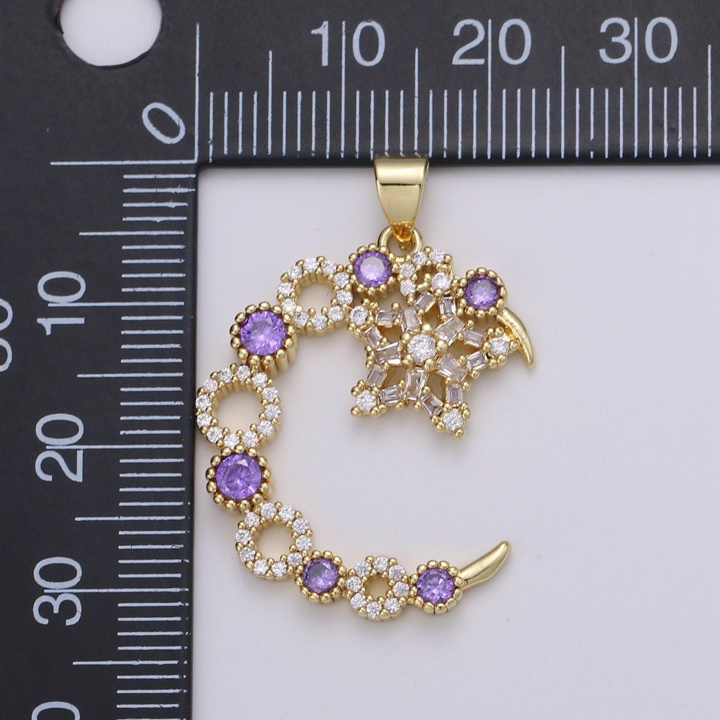 24k gold micro pave star charm, cubic zirconia cresent moon pendant charm, purple cz charm, for diy jewelry, pdgf-2069