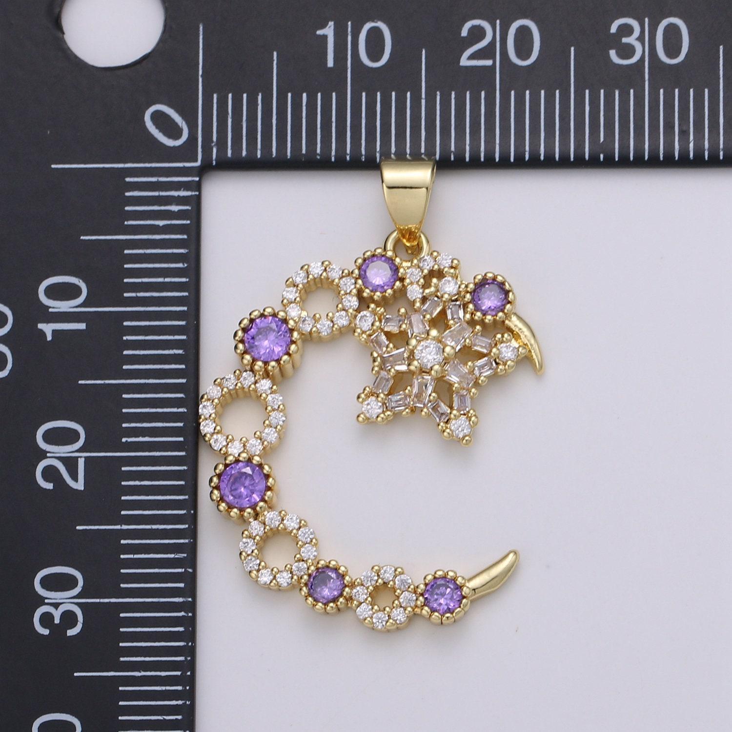 24k gold micro pave star charm, cubic zirconia cresent moon pendant charm, purple cz charm, for diy jewelry, pdgf-2069