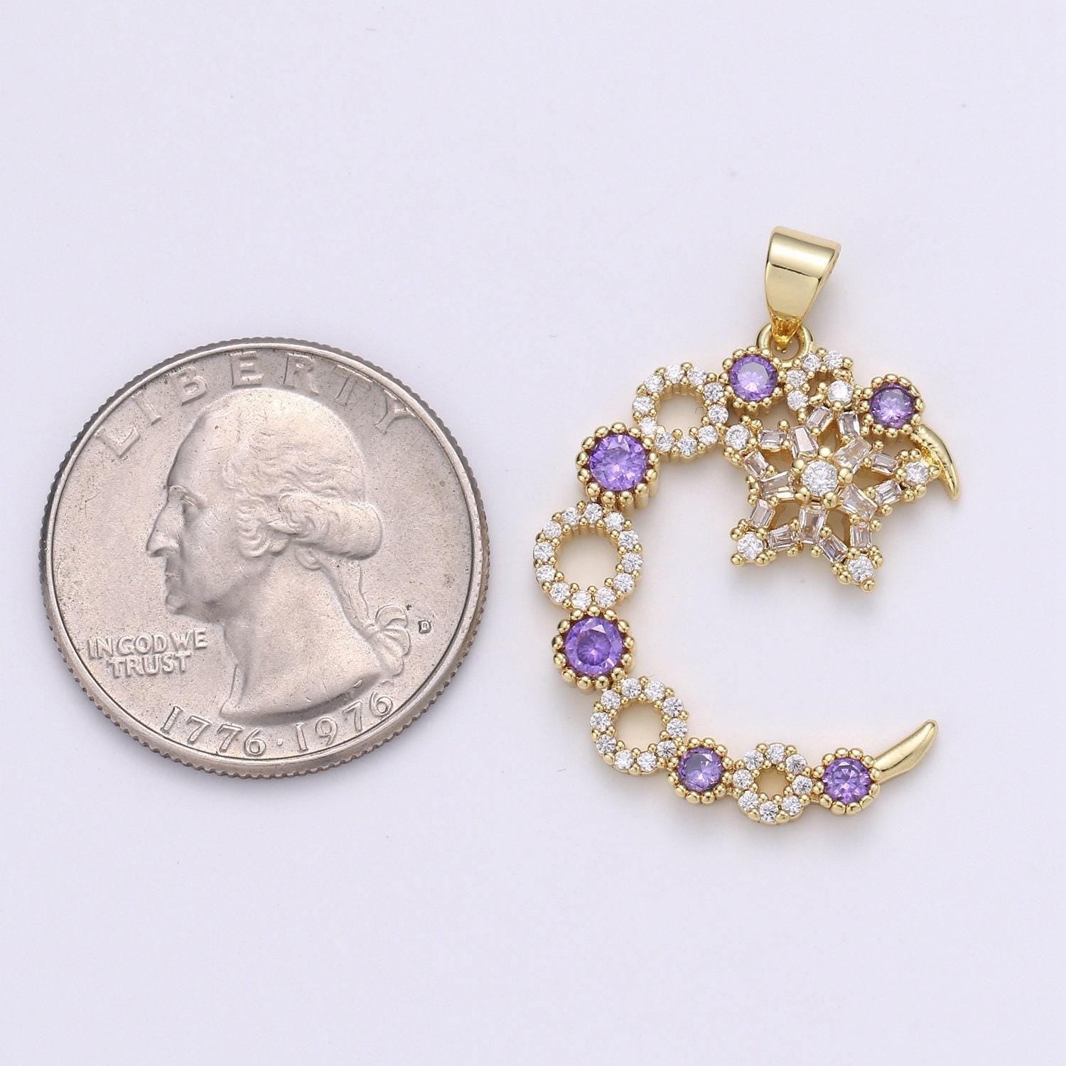24k gold micro pave star charm, cubic zirconia cresent moon pendant charm, purple cz charm, for diy jewelry, pdgf-2069