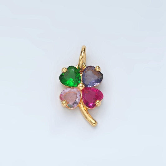Mini gold cz multi color four-leaf clover pendant, 14k gold filled clover rainbow hearts charm lucky pendant jewelry making supply | d715