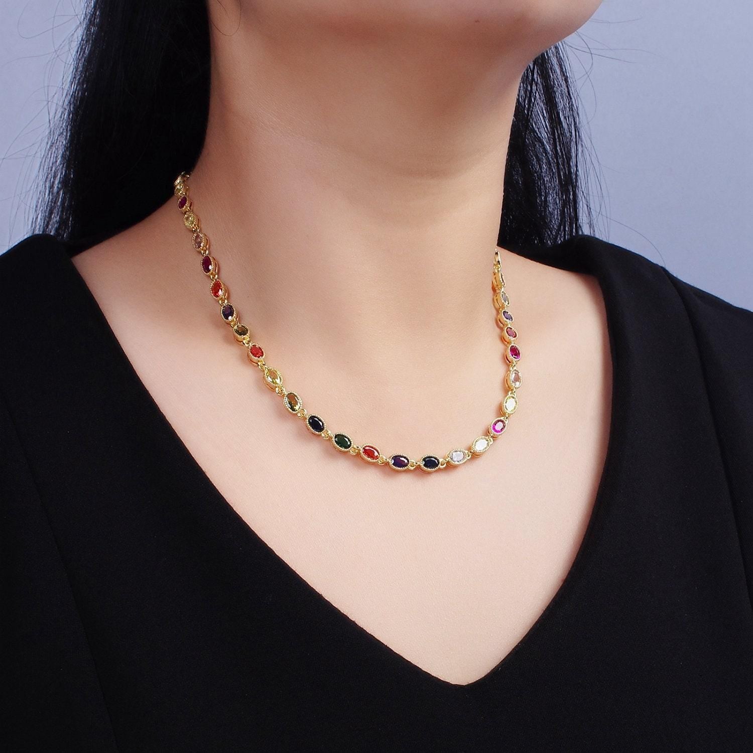 14k gold filled charm necklace | multicolor cz stone charms necklace | oval rainbow zirconia stone necklace for christmas gift wa2246