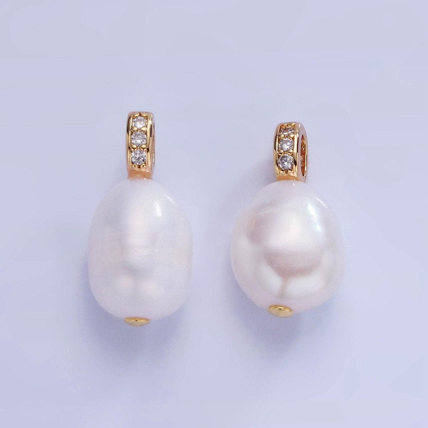 14k gold filled ringed white freshwater pearl micro paved cz bail pendant | p-1735