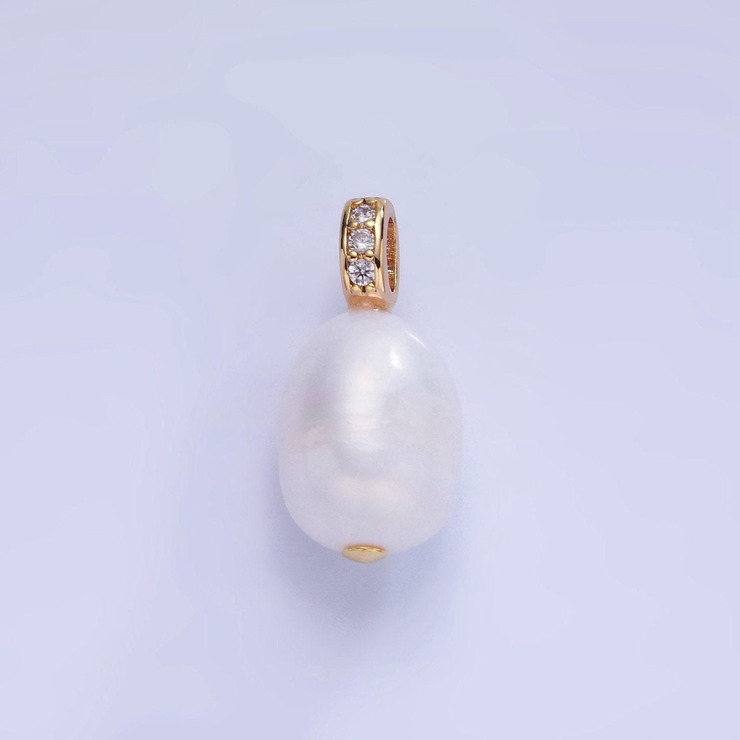 14k gold filled ringed white freshwater pearl micro paved cz bail pendant | p-1735