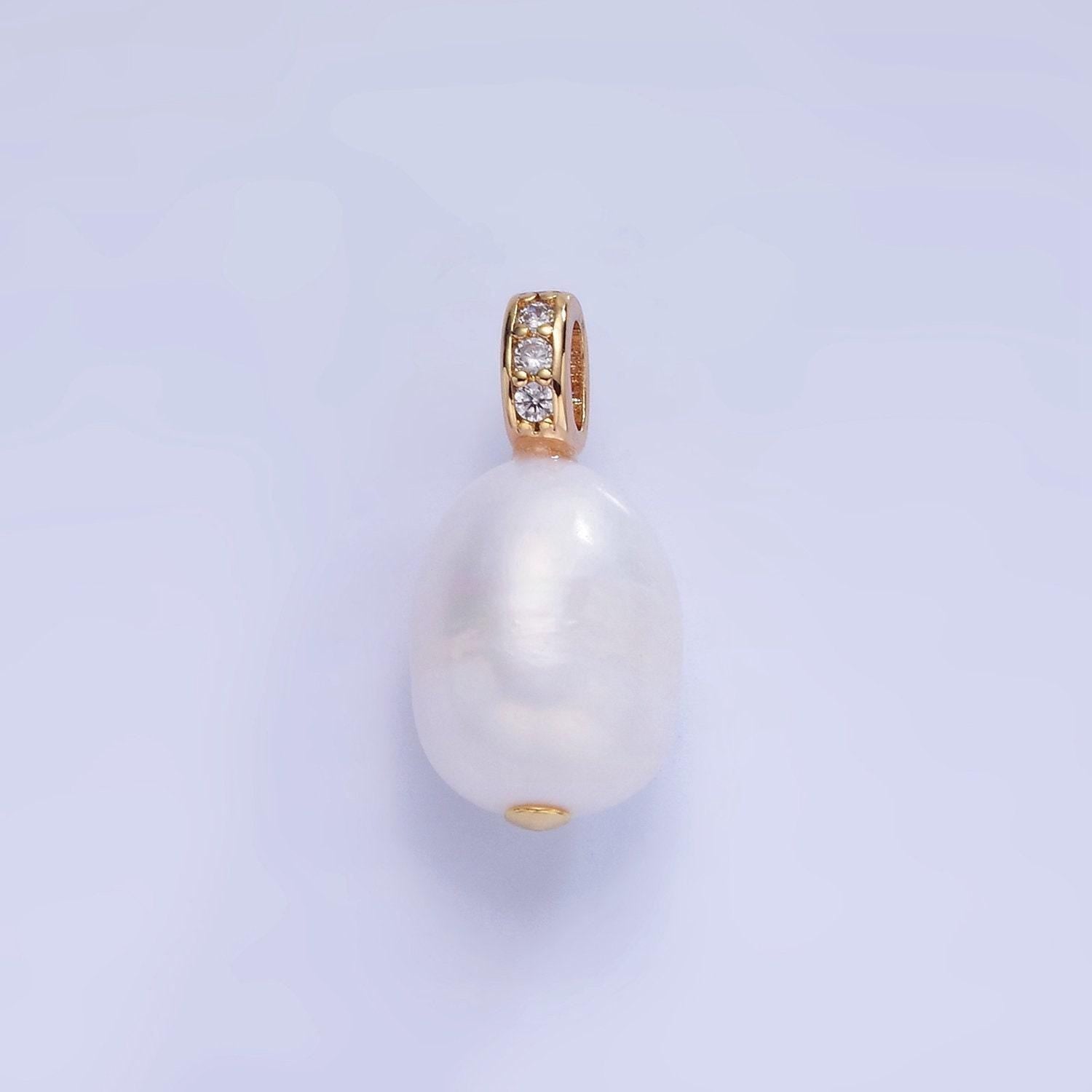 14k gold filled ringed white freshwater pearl micro paved cz bail pendant | p-1735