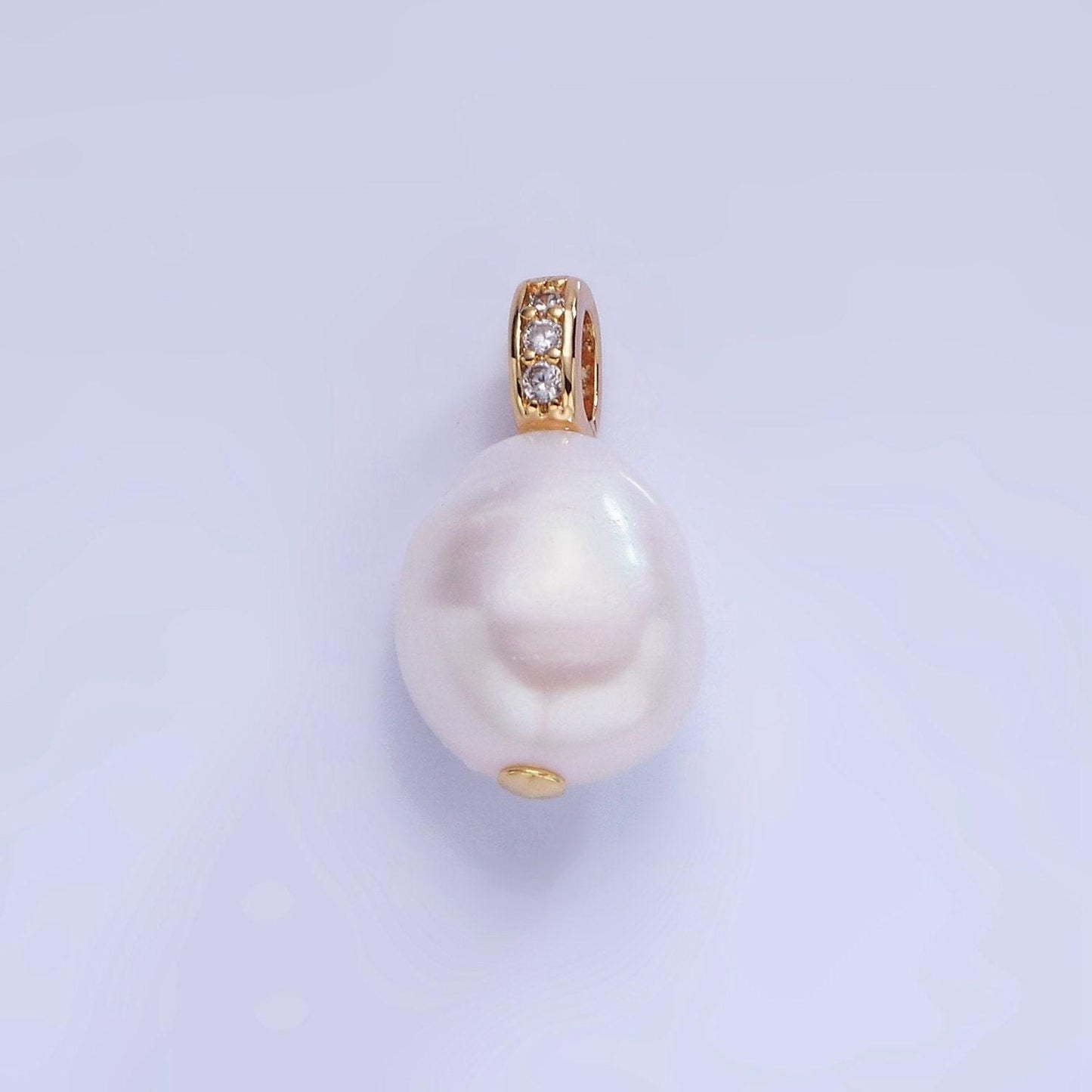 14k gold filled ringed white freshwater pearl micro paved cz bail pendant | p-1735