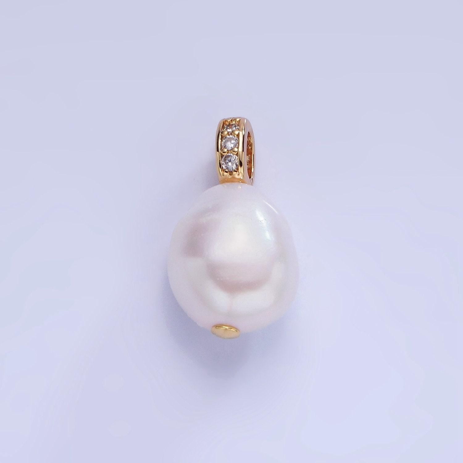 14k gold filled ringed white freshwater pearl micro paved cz bail pendant | p-1735