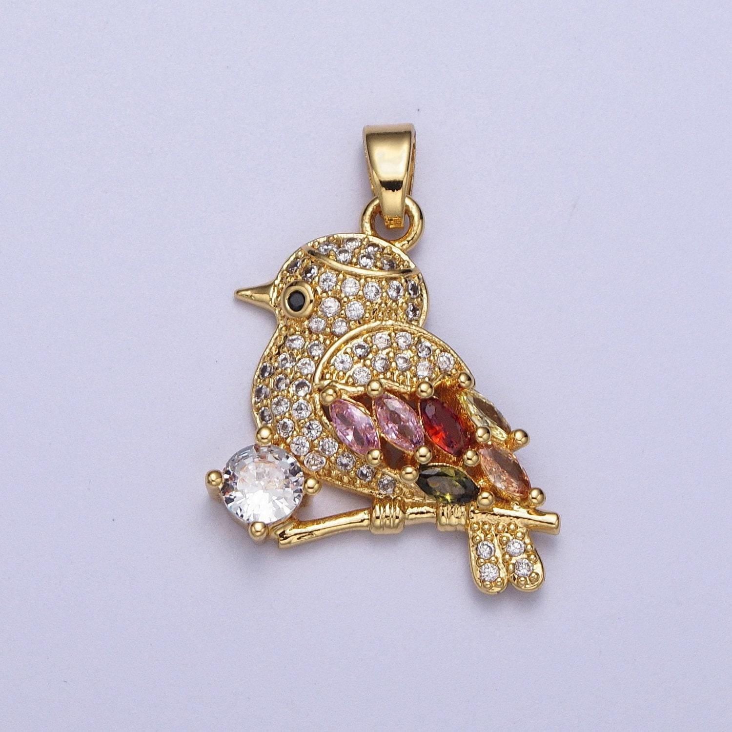 Gold cz red-capped robin pendant, 24k gold plated clear micro paved cz pink, red, olive marquise cut round bird charm | x-549