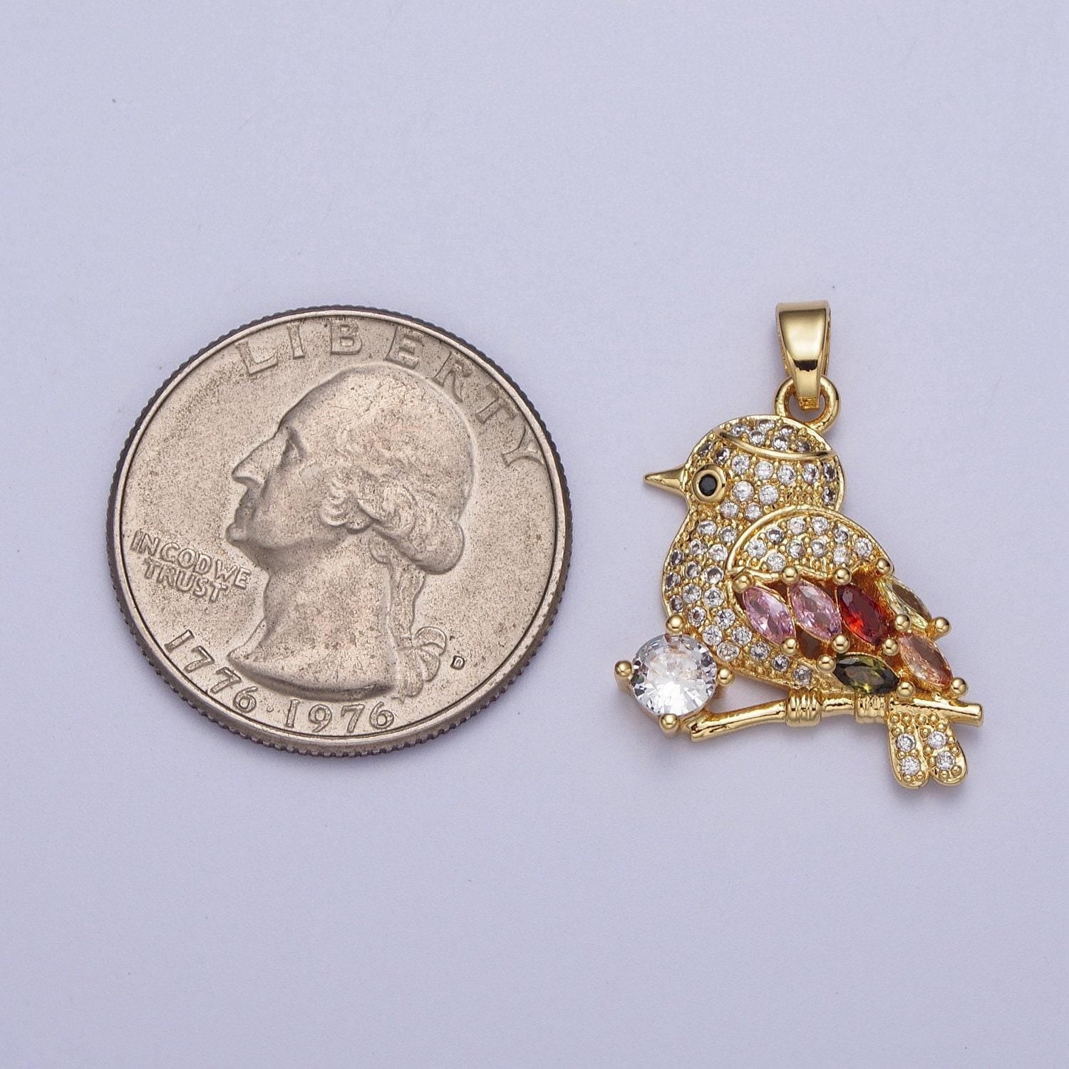 Gold cz red-capped robin pendant, 24k gold plated clear micro paved cz pink, red, olive marquise cut round bird charm | x-549
