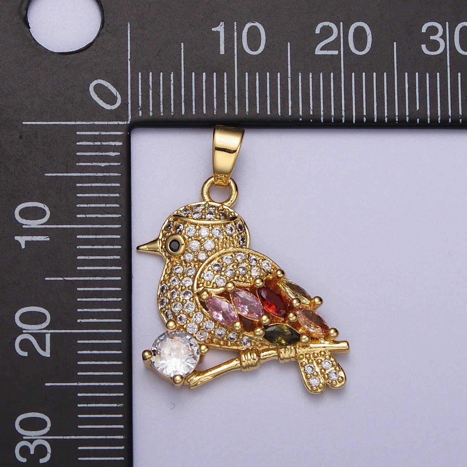 Gold cz red-capped robin pendant, 24k gold plated clear micro paved cz pink, red, olive marquise cut round bird charm | x-549
