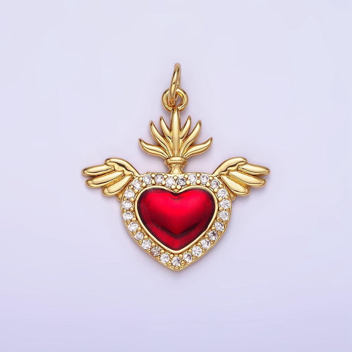 14k gold filled red cz heart with crown baby angel wings charm | ag625