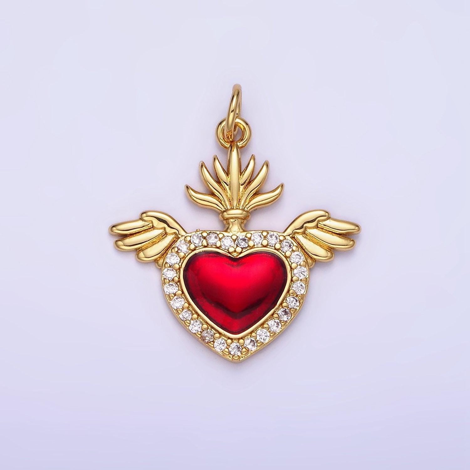 14k gold filled red cz heart with crown baby angel wings charm | ag625