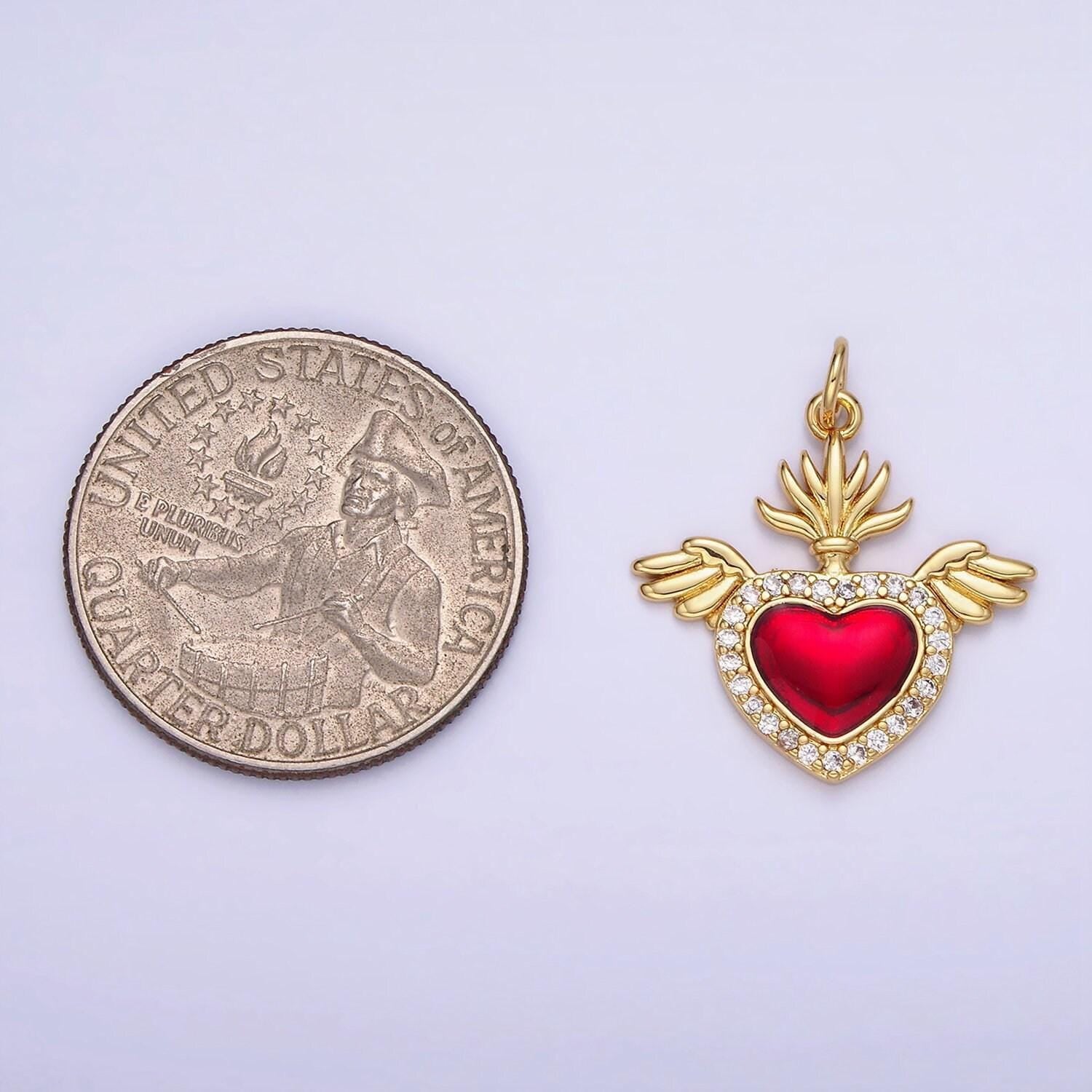 14k gold filled red cz heart with crown baby angel wings charm | ag625