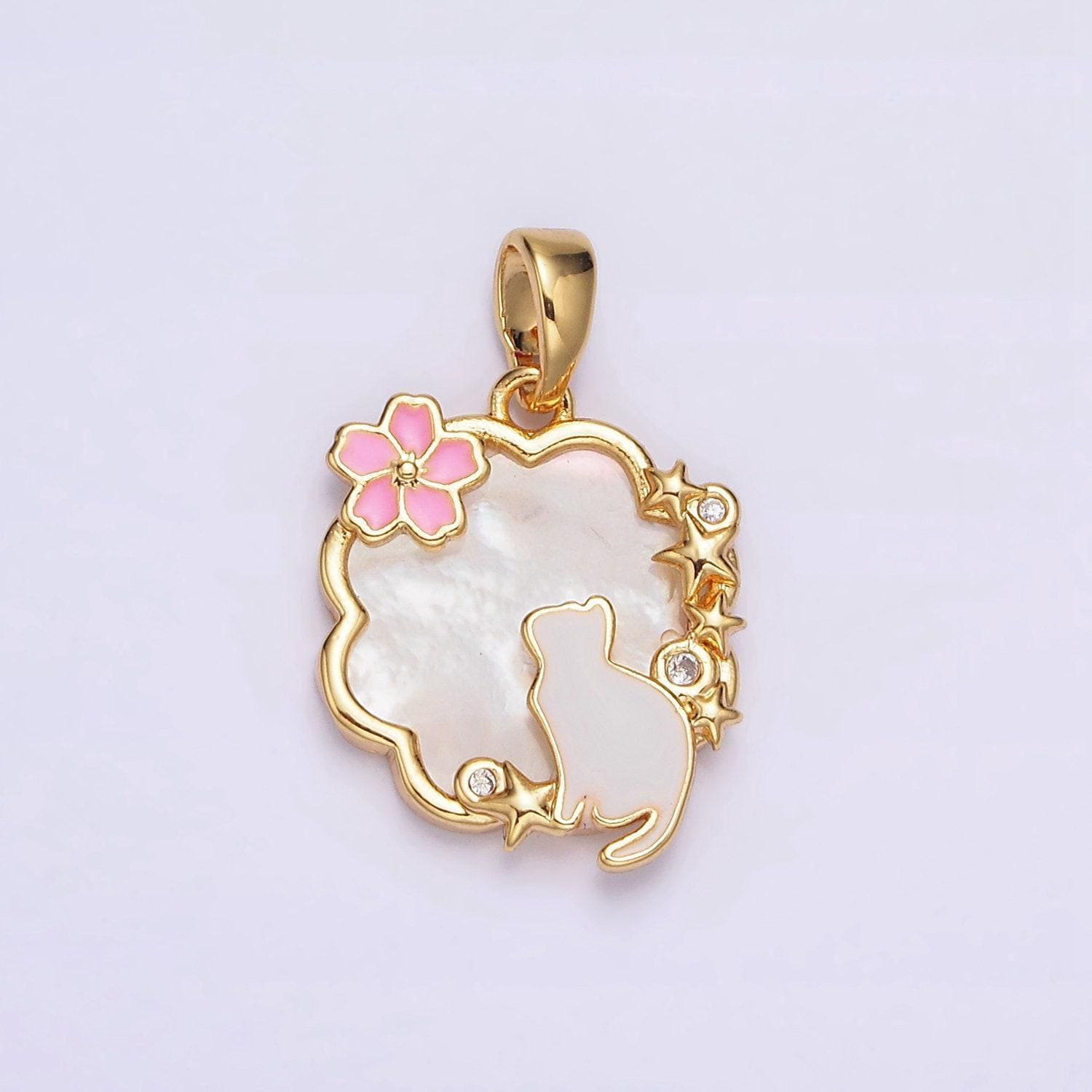 24k gold filled celestial stars cz white cat pink flower enamel cloud shell pearl pendant | aa589
