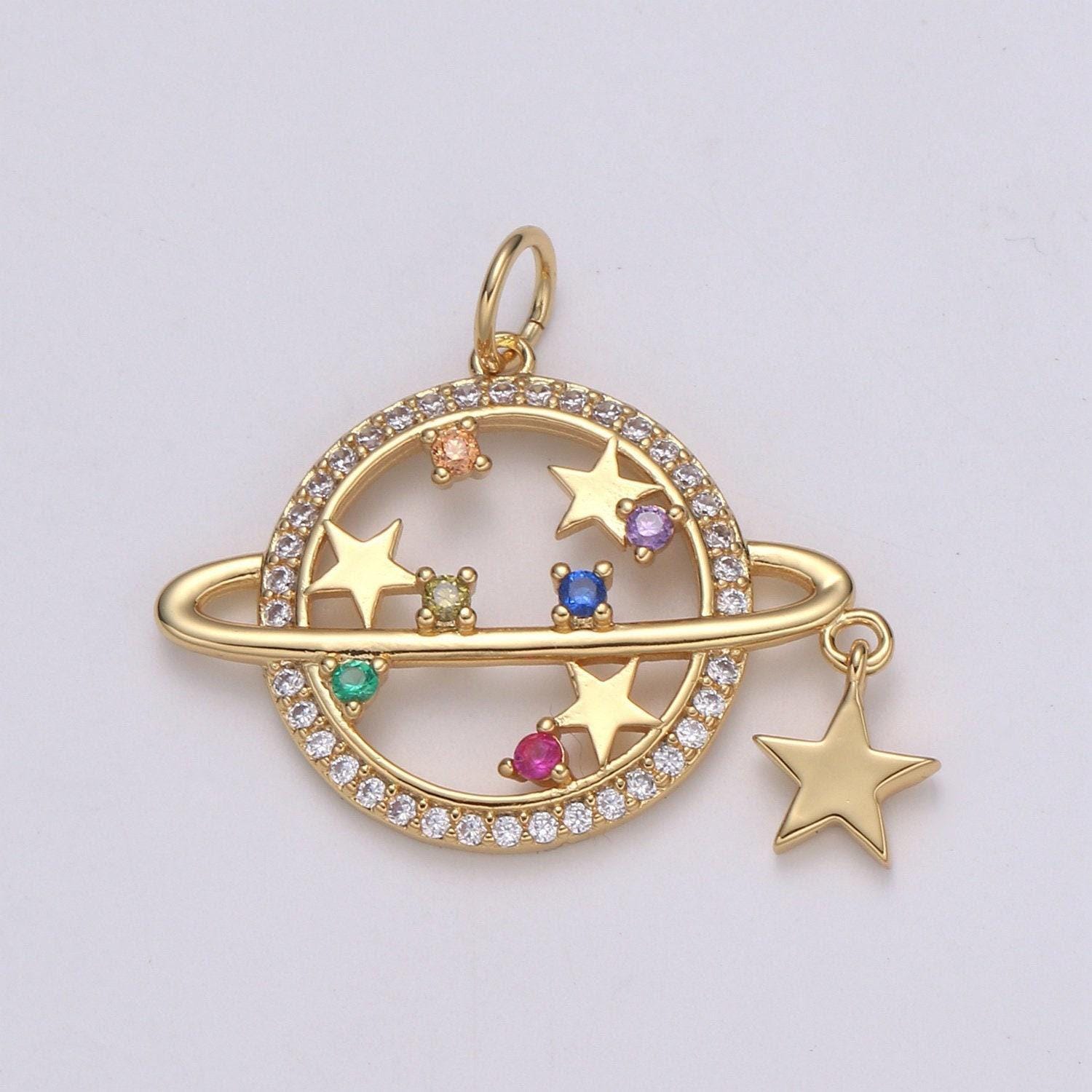 Micro pave multi cz planet of the universe pendant gold charm, star orbit galaxy, world equator star diy jewelry necklace, e-214