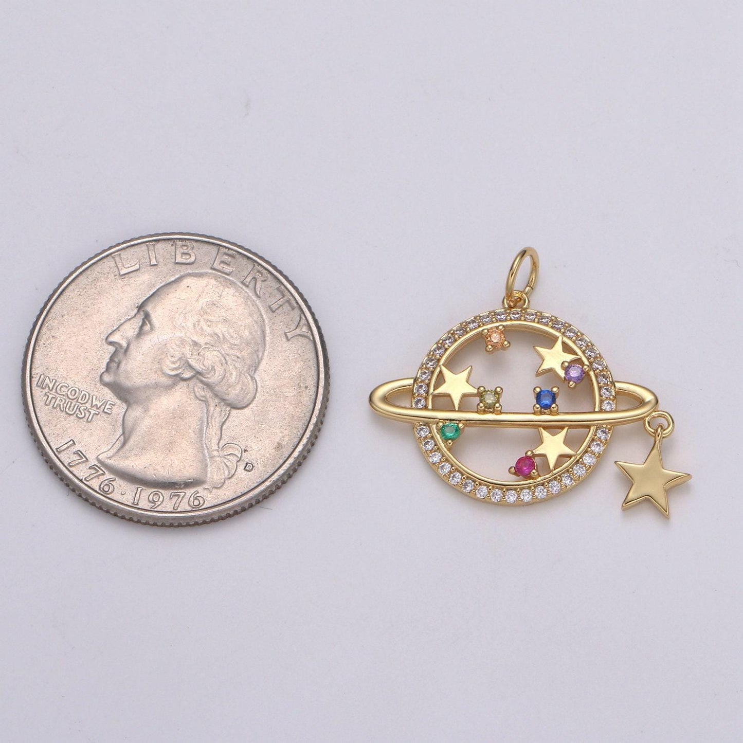 Micro pave multi cz planet of the universe pendant gold charm, star orbit galaxy, world equator star diy jewelry necklace, e-214