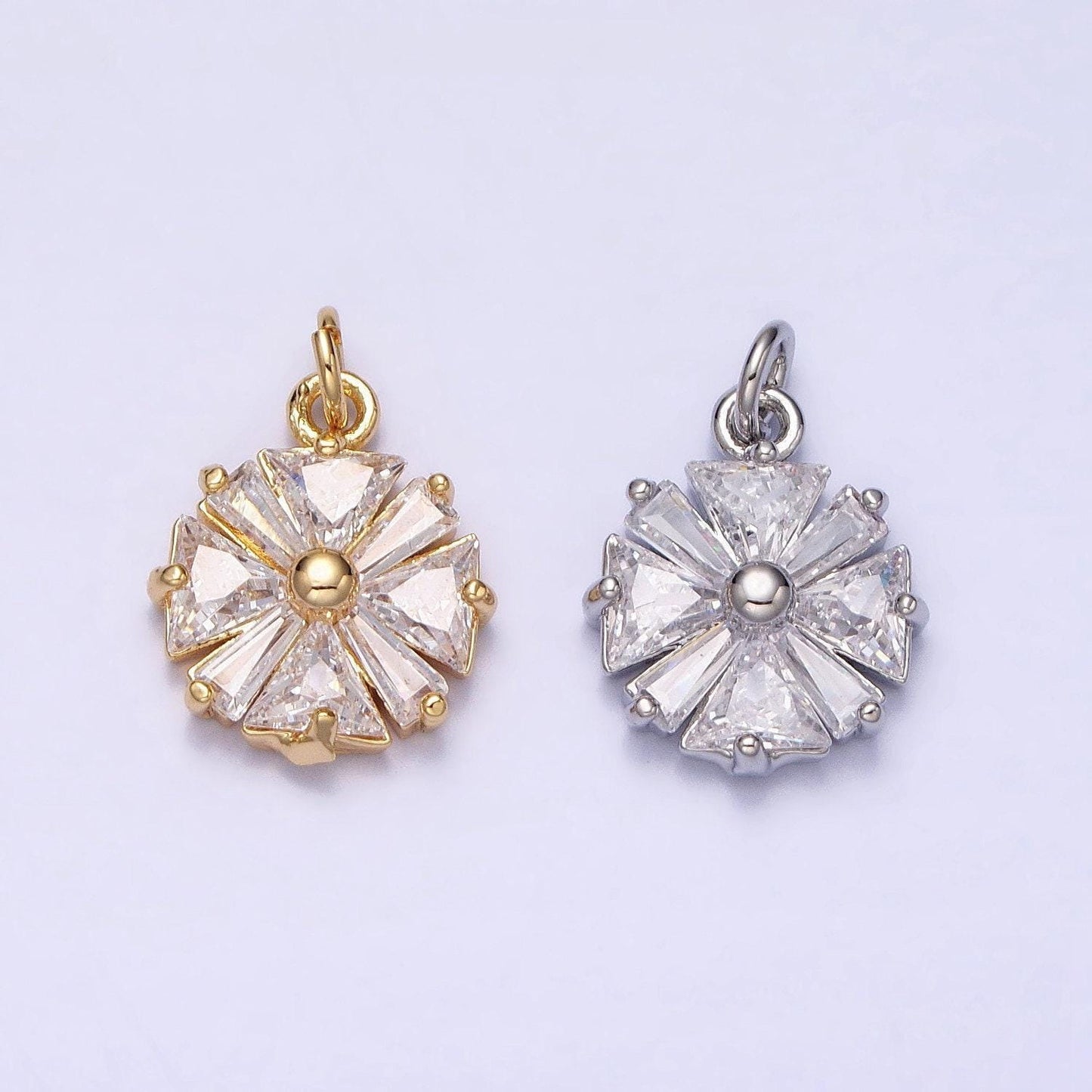 Gold, silver flower cz clear geometric triangle baguette add-on charm | ac1237 ac1238