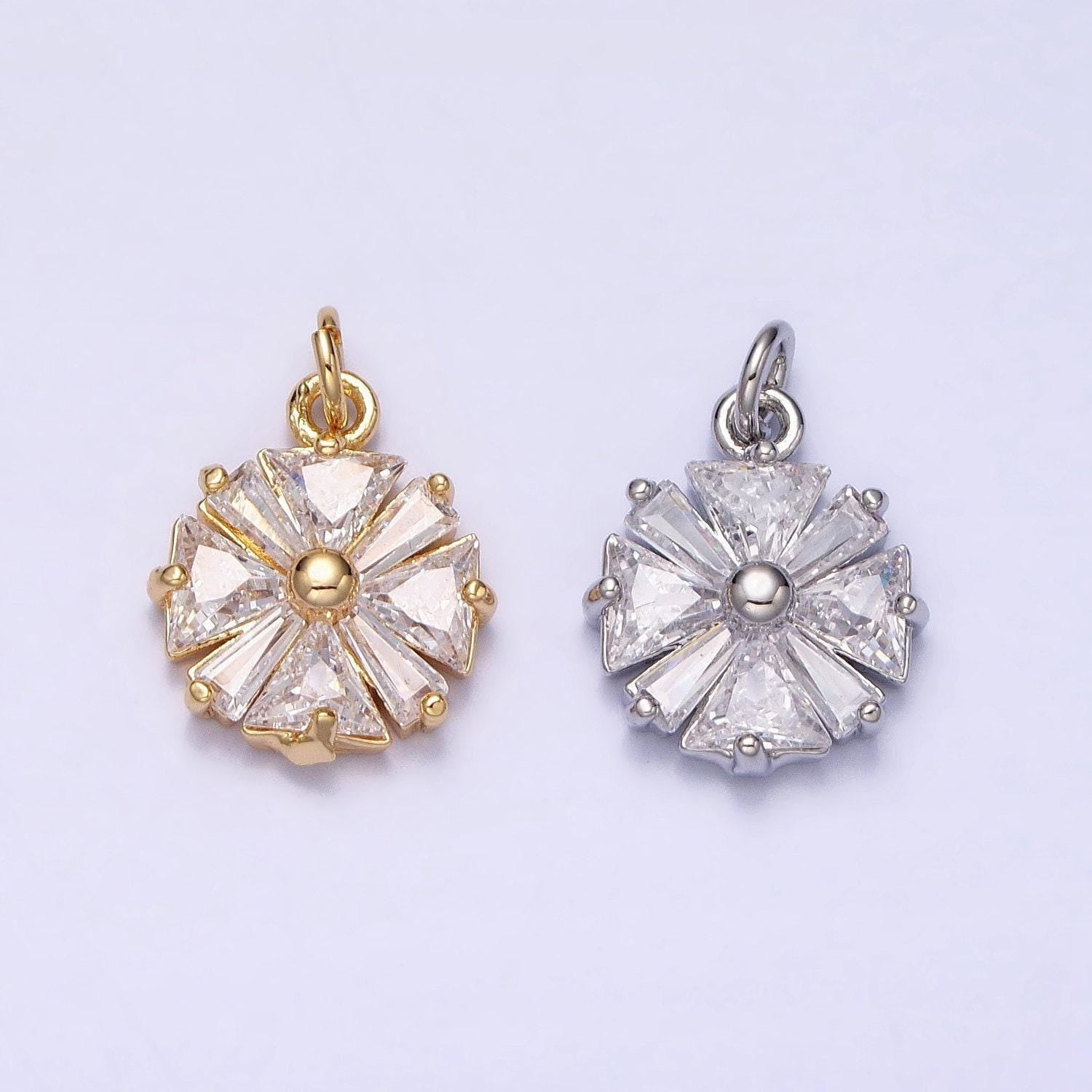 Gold, silver flower cz clear geometric triangle baguette add-on charm | ac1237 ac1238