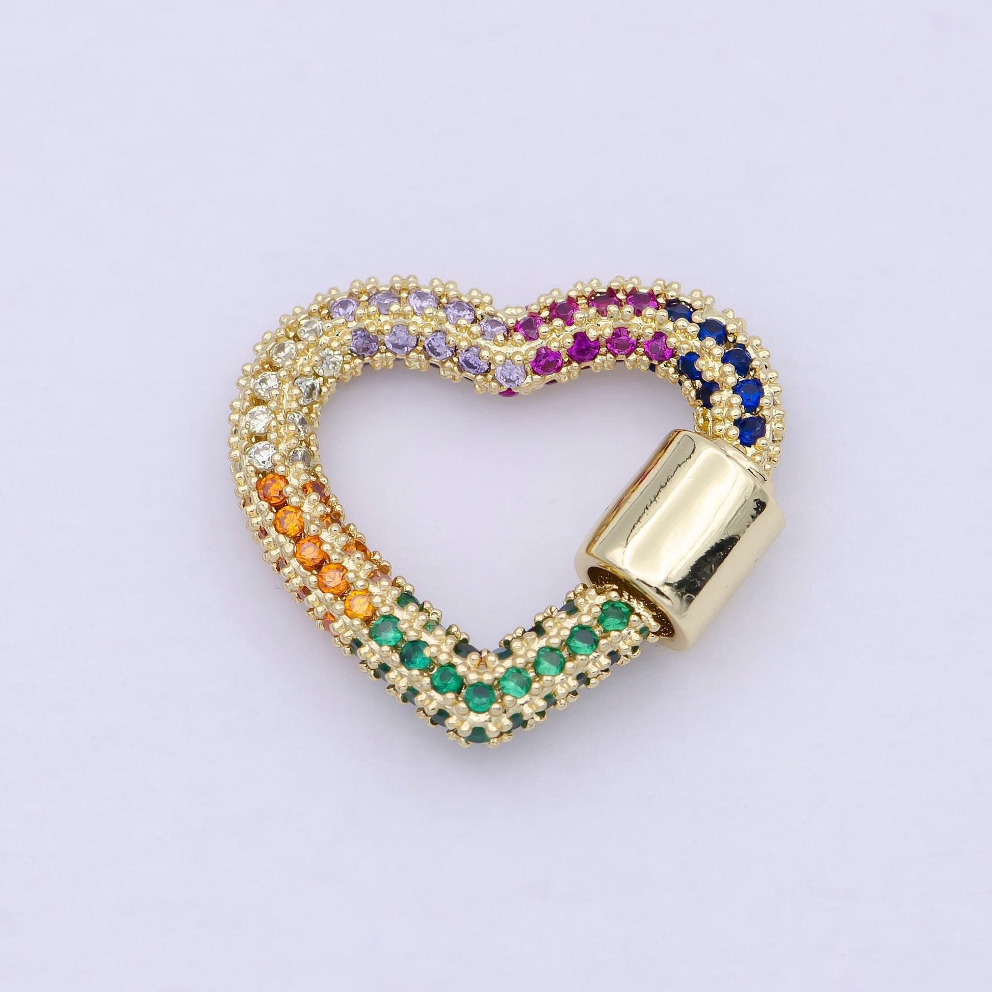 Multi color gold fill heart screw lock clasp cz micro pave carabiner k-025