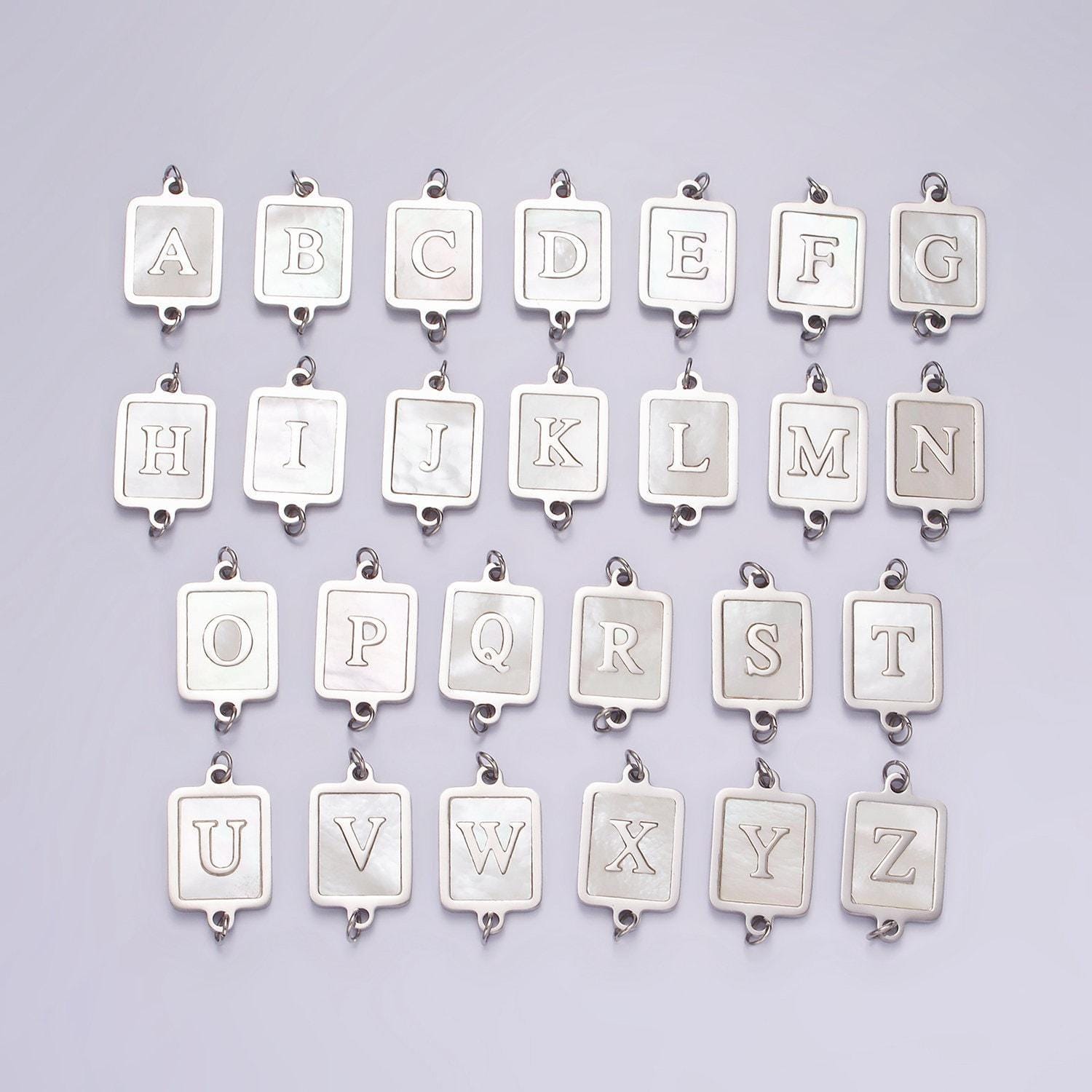 Stainless steel a-z initial letter alphabet charm connector shell pearl rectangular silver link connector | a1106-a1118