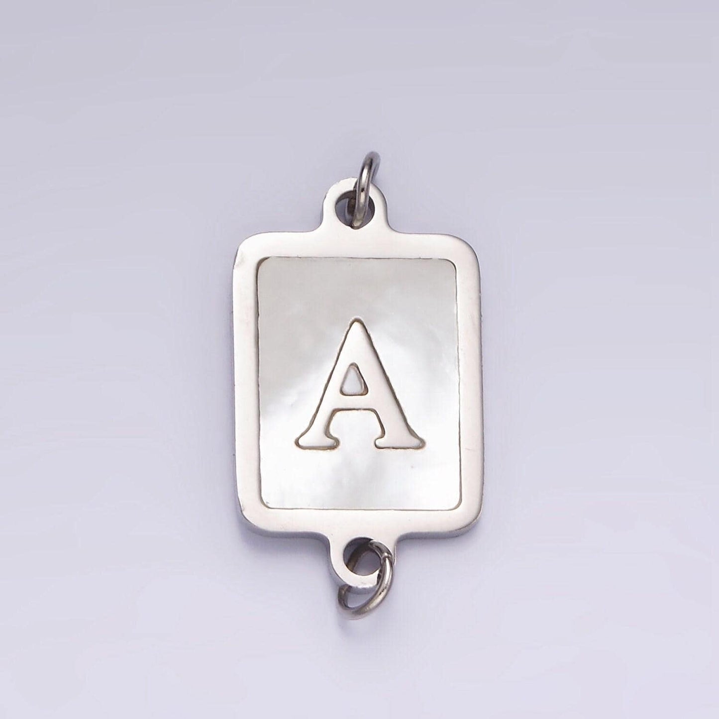 Stainless steel a-z initial letter alphabet charm connector shell pearl rectangular silver link connector | a1106-a1118