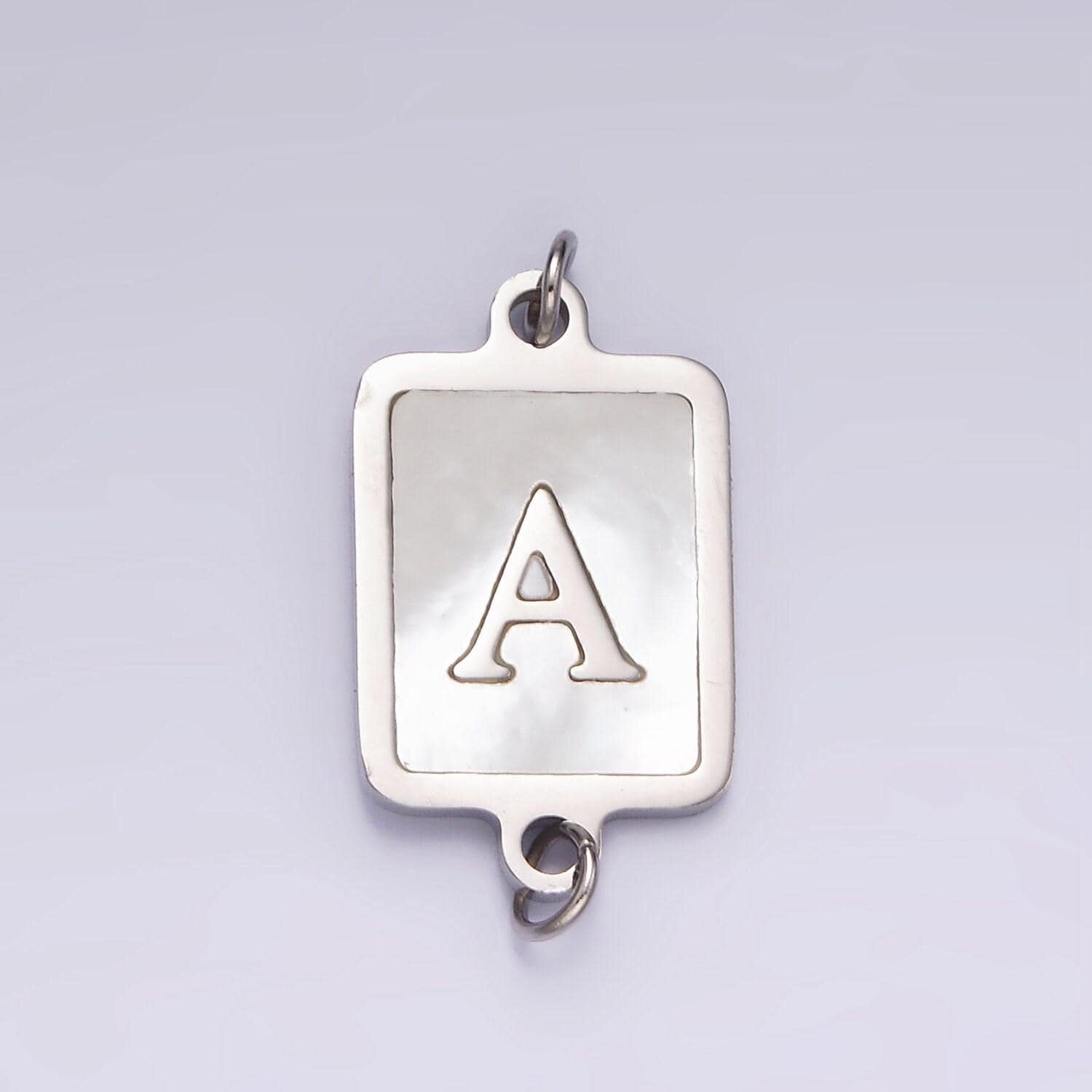 Stainless steel a-z initial letter alphabet charm connector shell pearl rectangular silver link connector | a1106-a1118