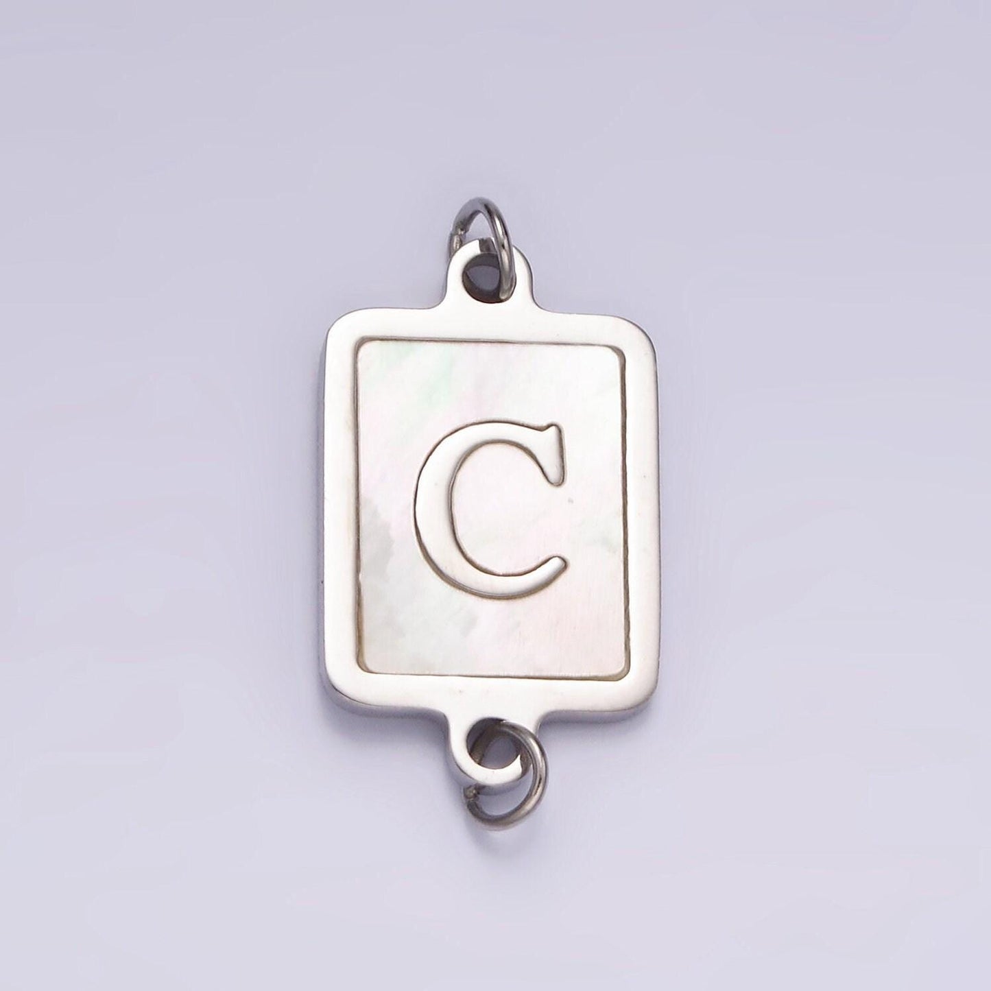 Stainless steel a-z initial letter alphabet charm connector shell pearl rectangular silver link connector | a1106-a1118