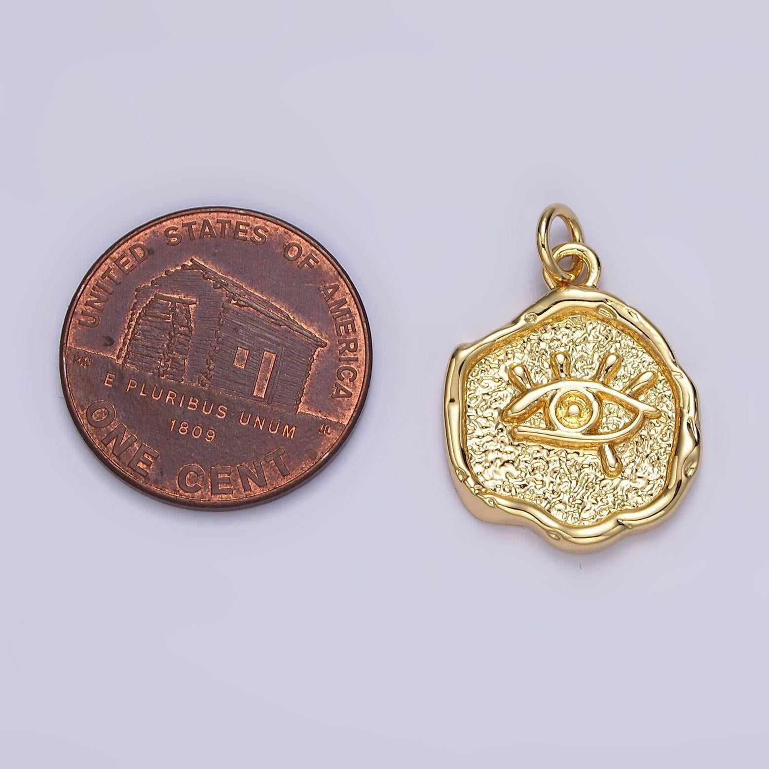 14k gold filled evil eye hammered textured stamped round charm | n1035