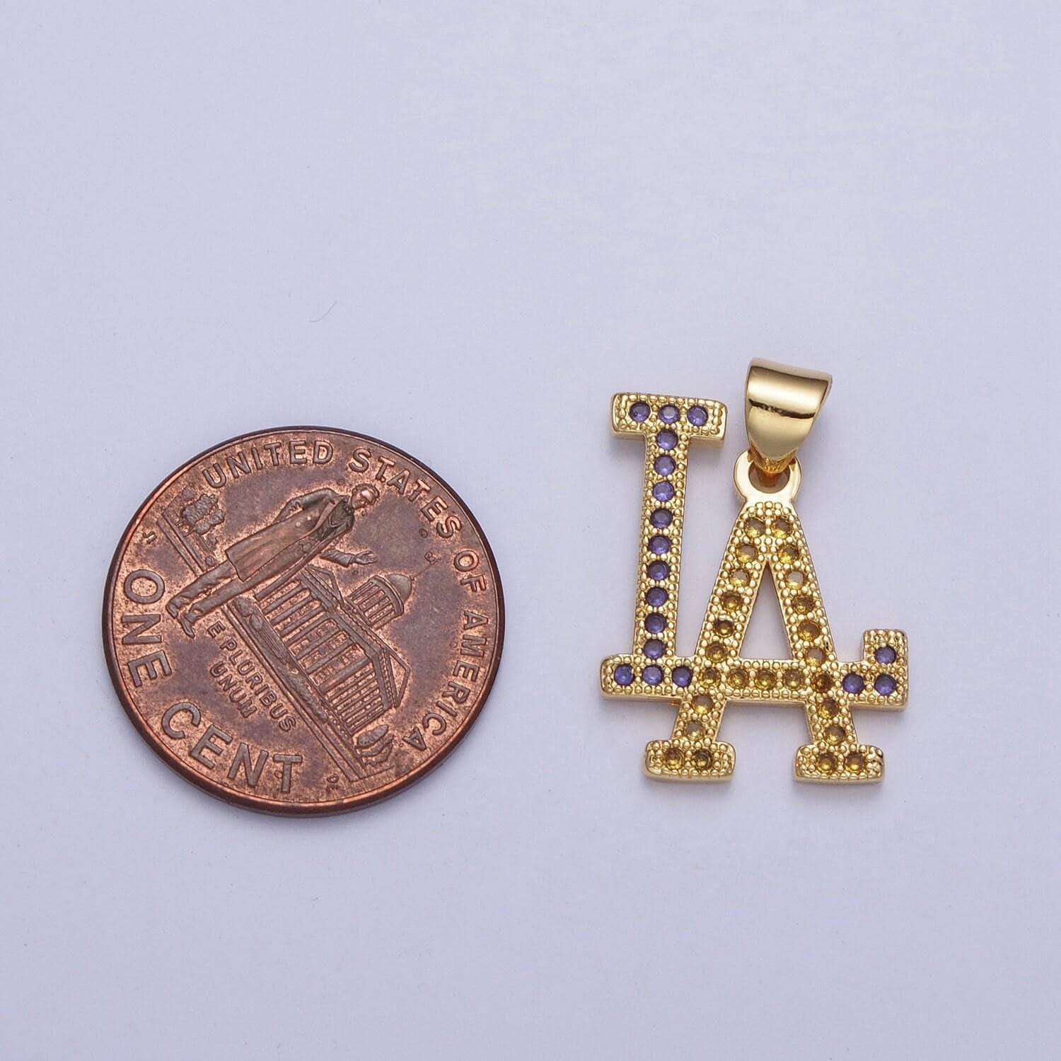 Gold los angeles charm, purple yellow micro cz pave la sign pendants for necklace component | x-423
