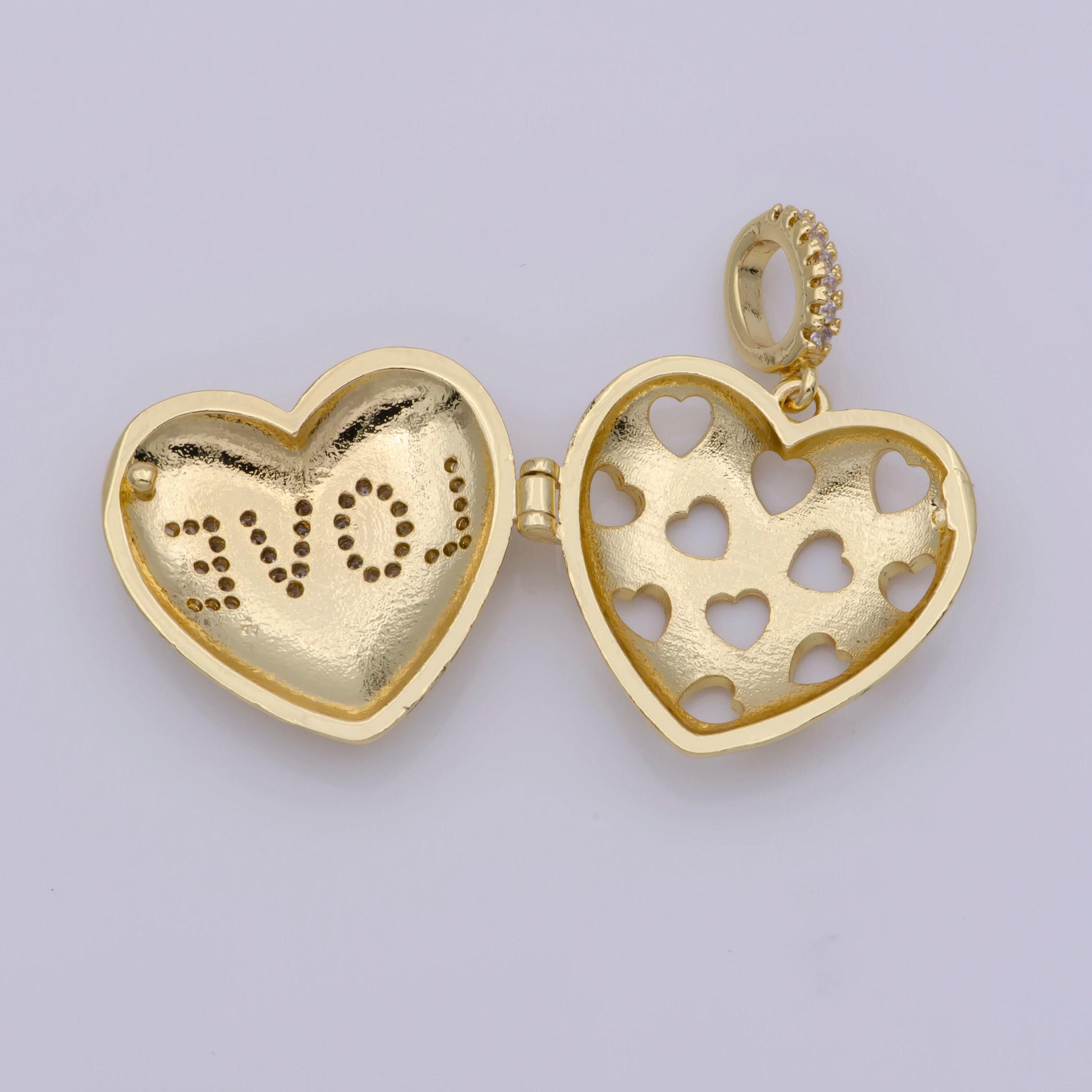 24k gold filled round love heart locket charm necklace, stripes and heart stamps for personalized necklace pendant | h-222