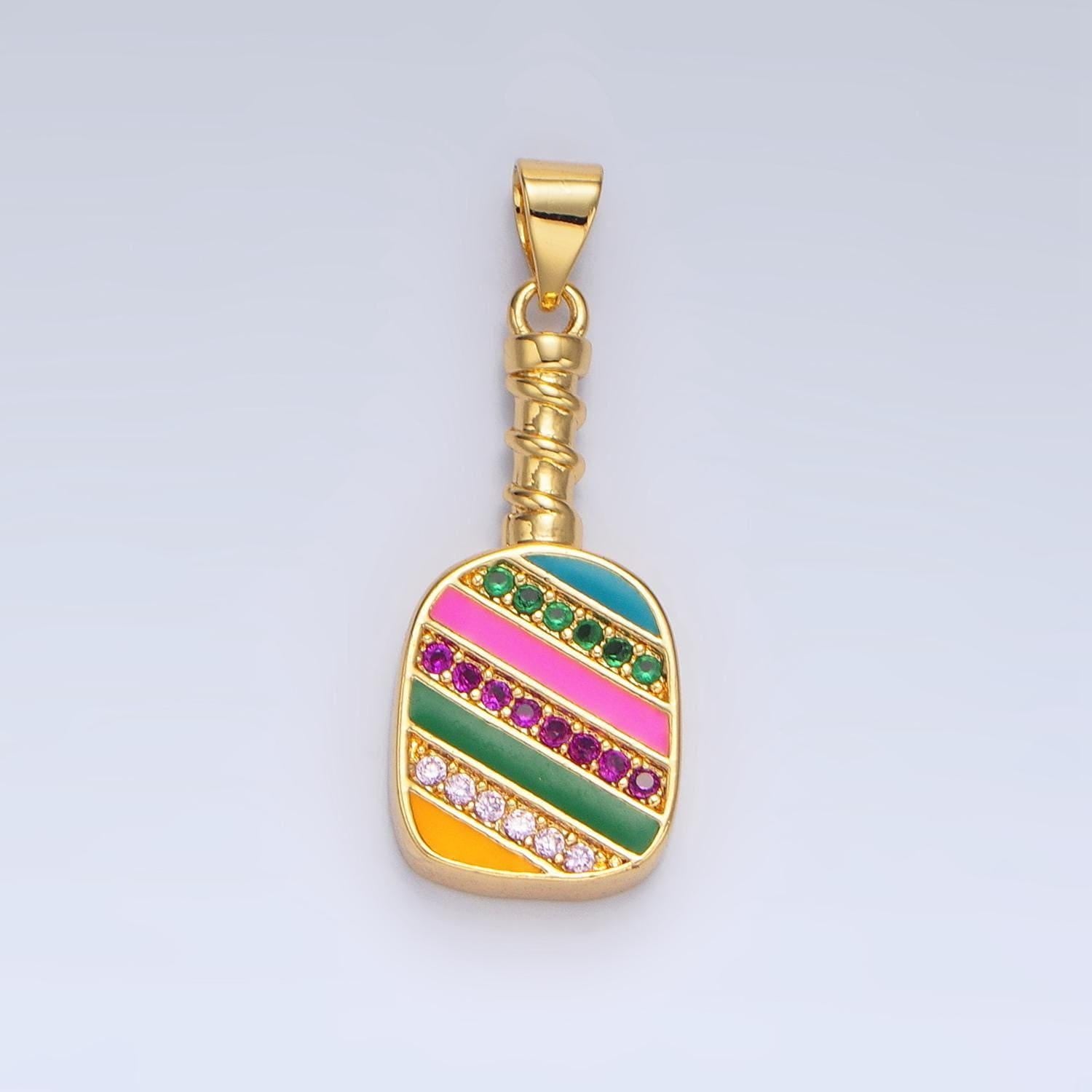 Colorful enamel pickle ball charm in 24k gold filled pendant sports paddle with colorful cz stone pendant for bracelet necklace supply i769