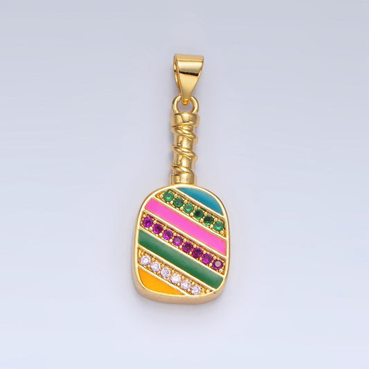 Colorful enamel pickle ball charm in 24k gold filled pendant sports paddle with colorful cz stone pendant for bracelet necklace supply i769