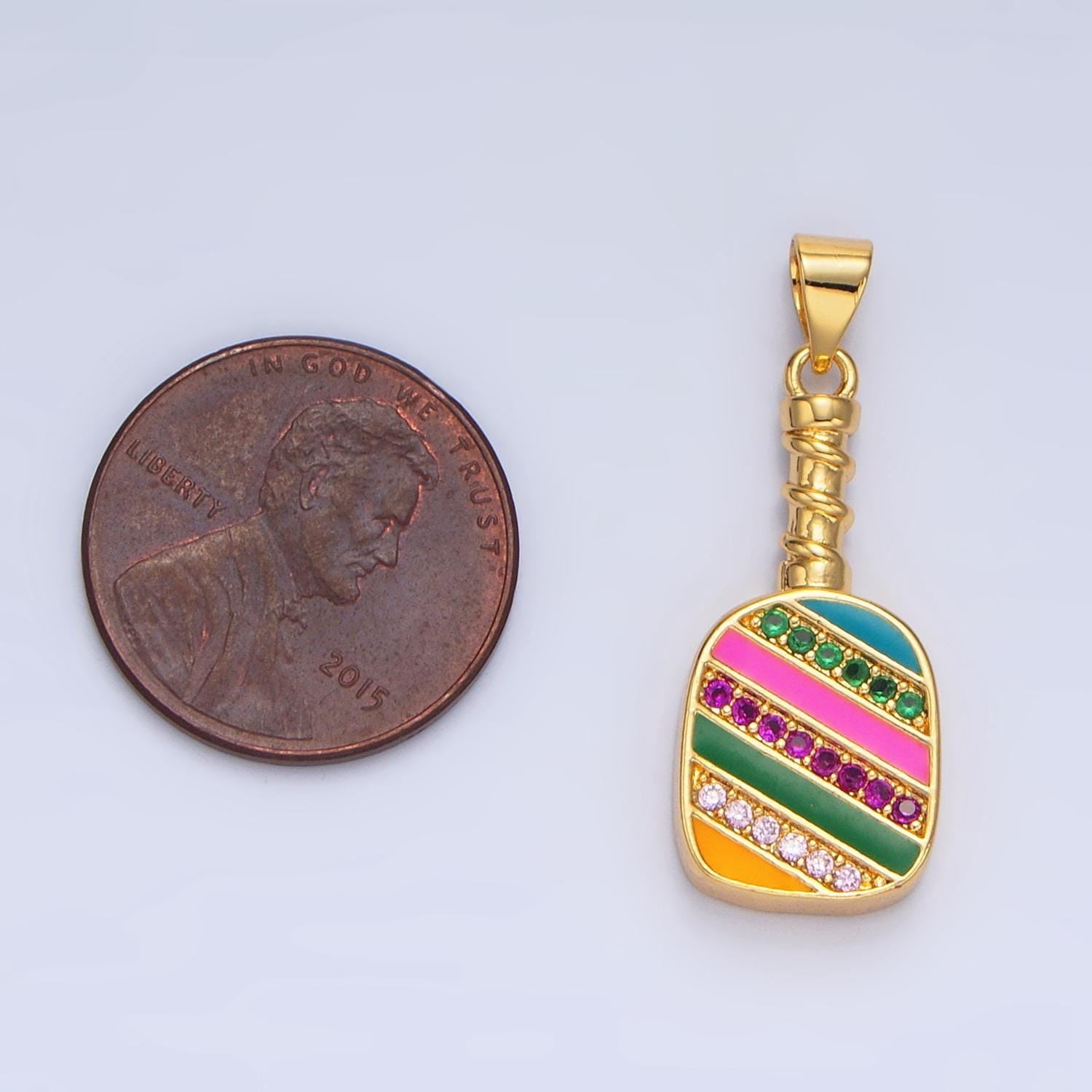 Colorful enamel pickle ball charm in 24k gold filled pendant sports paddle with colorful cz stone pendant for bracelet necklace supply i769