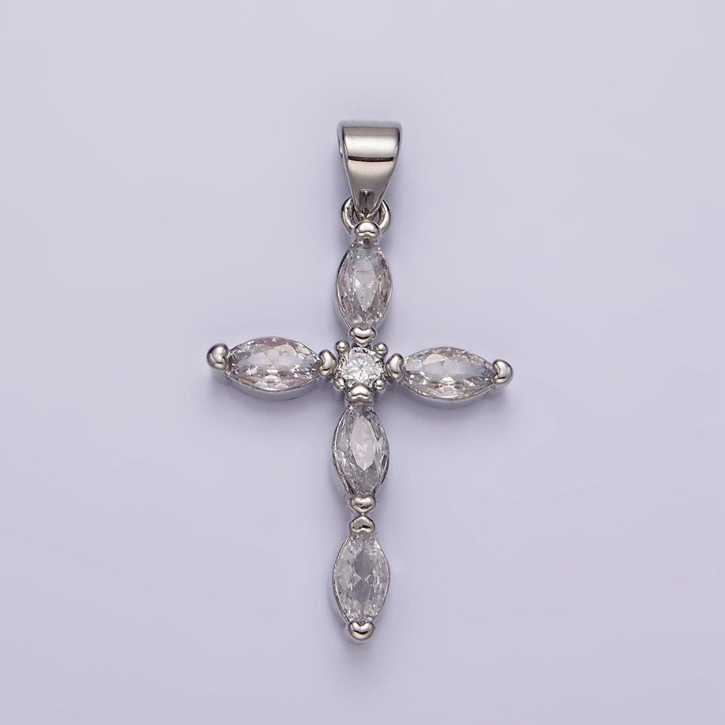 Rhodium plated clear marquise lined religious cross pendant | aa-1103