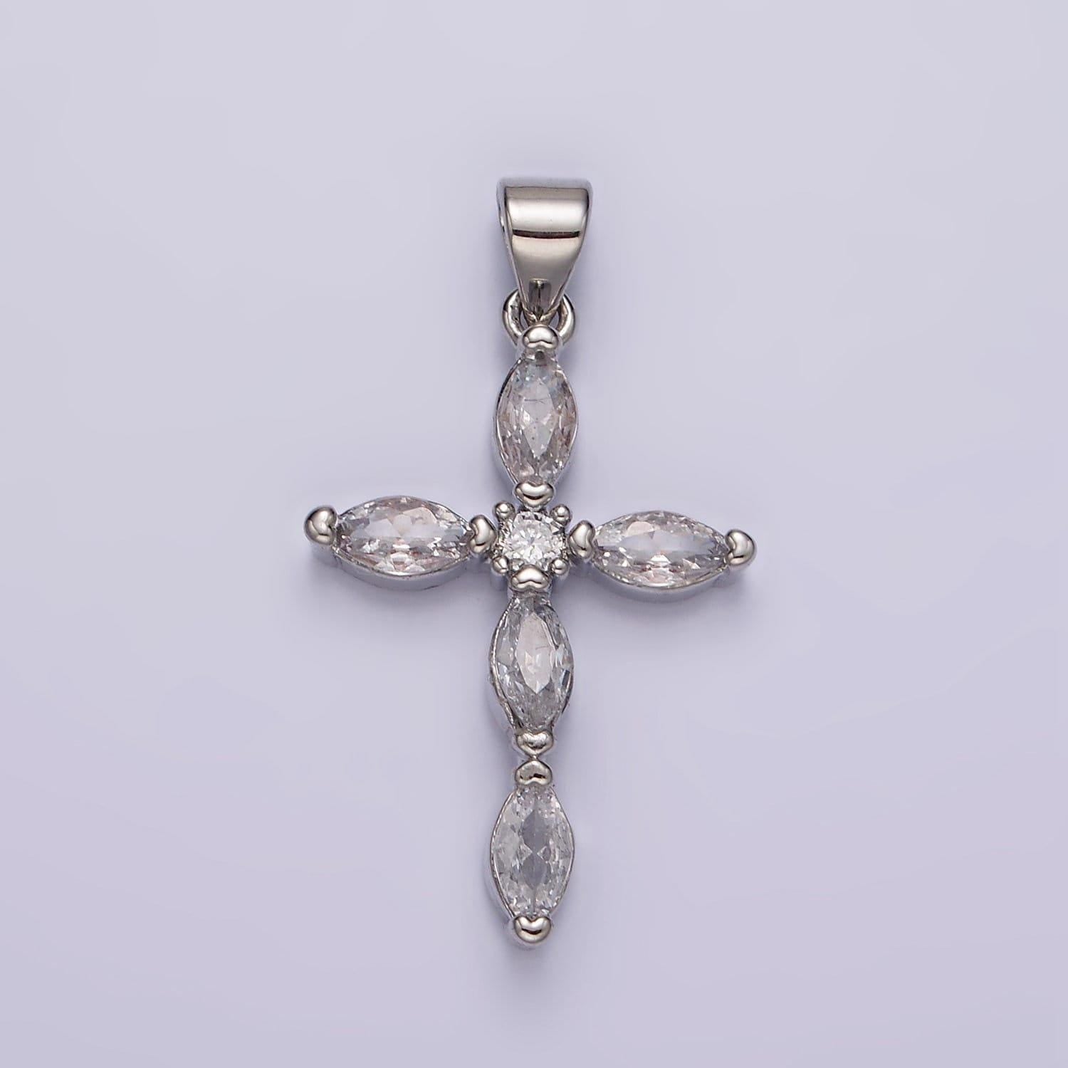 Rhodium plated clear marquise lined religious cross pendant | aa-1103