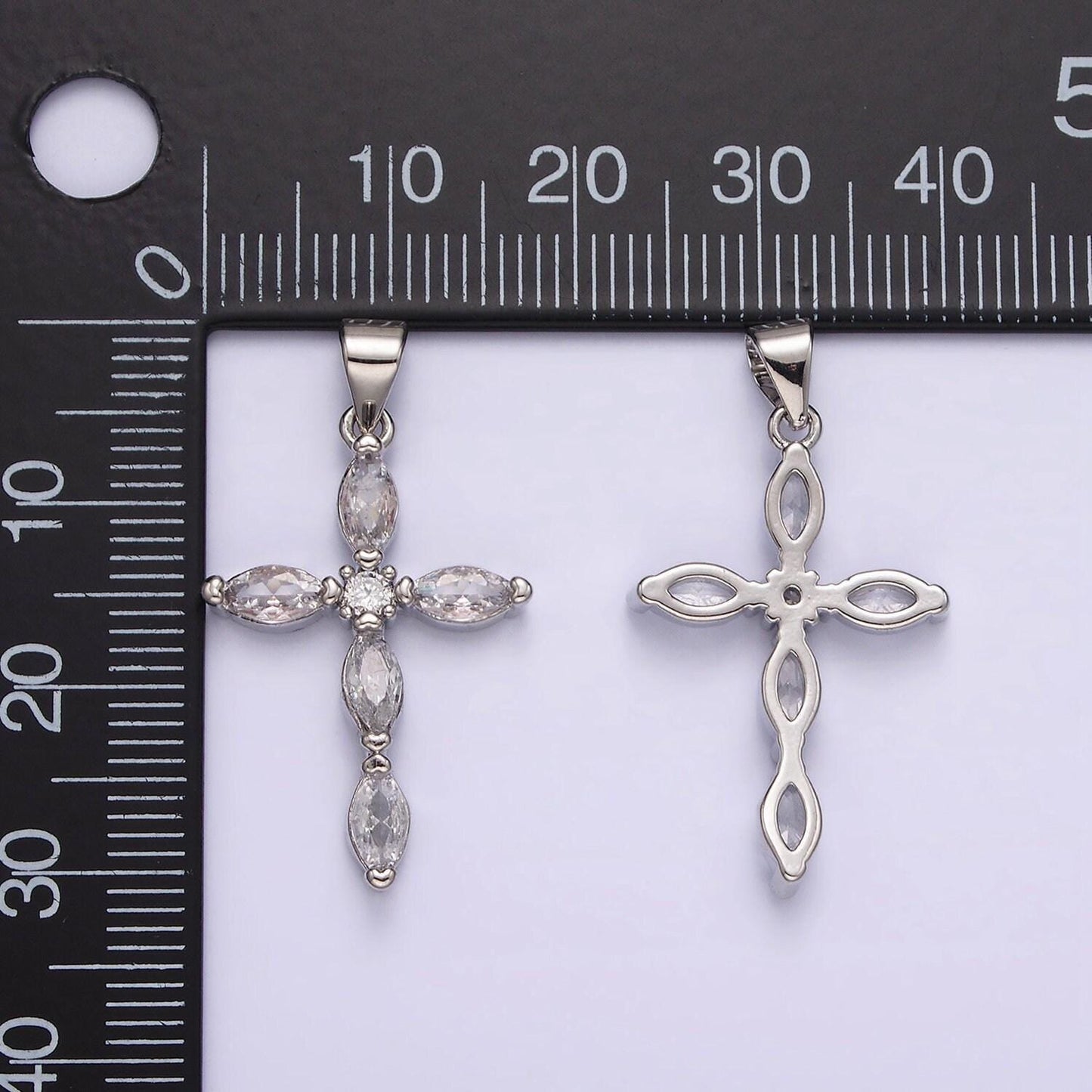 Rhodium plated clear marquise lined religious cross pendant | aa-1103