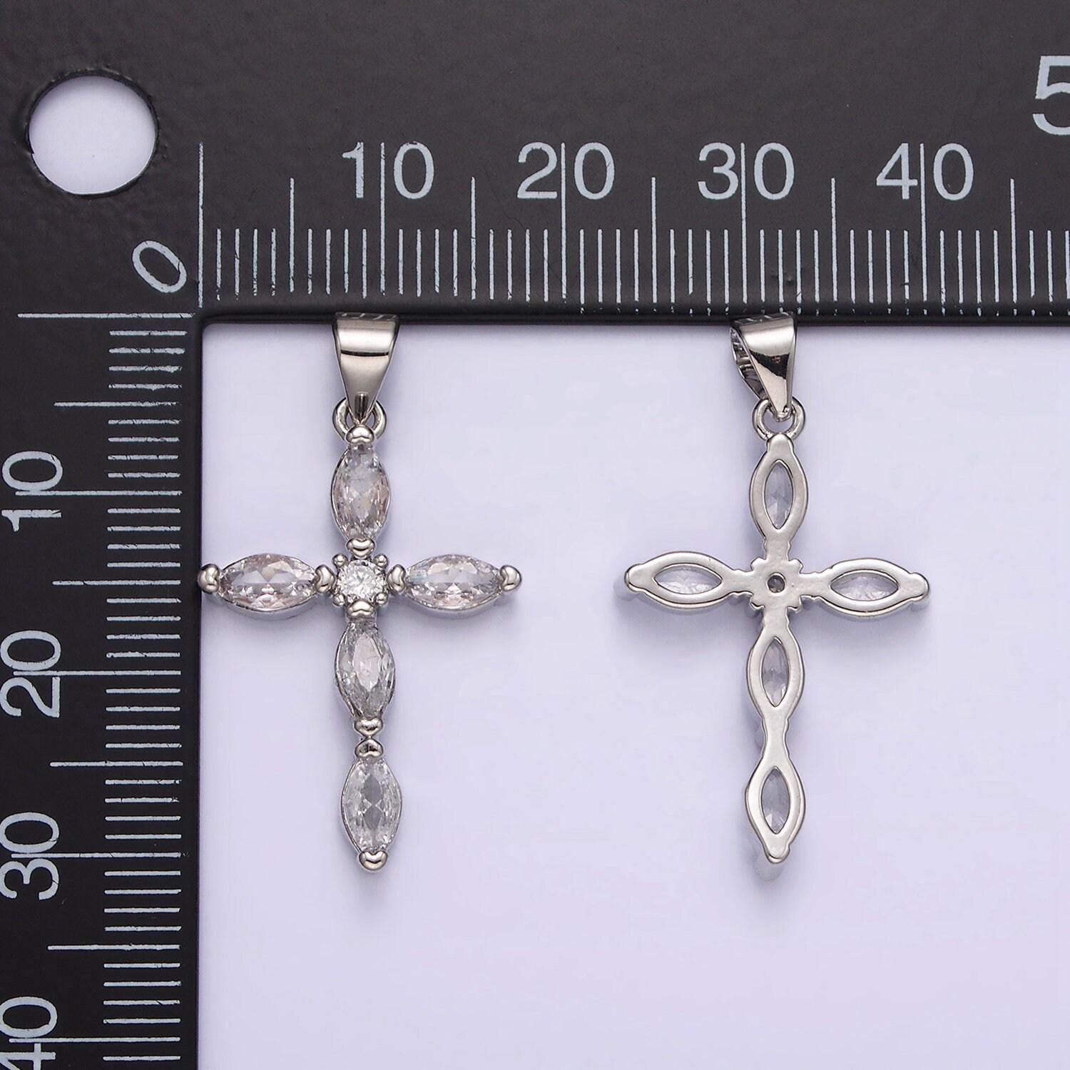 Rhodium plated clear marquise lined religious cross pendant | aa-1103