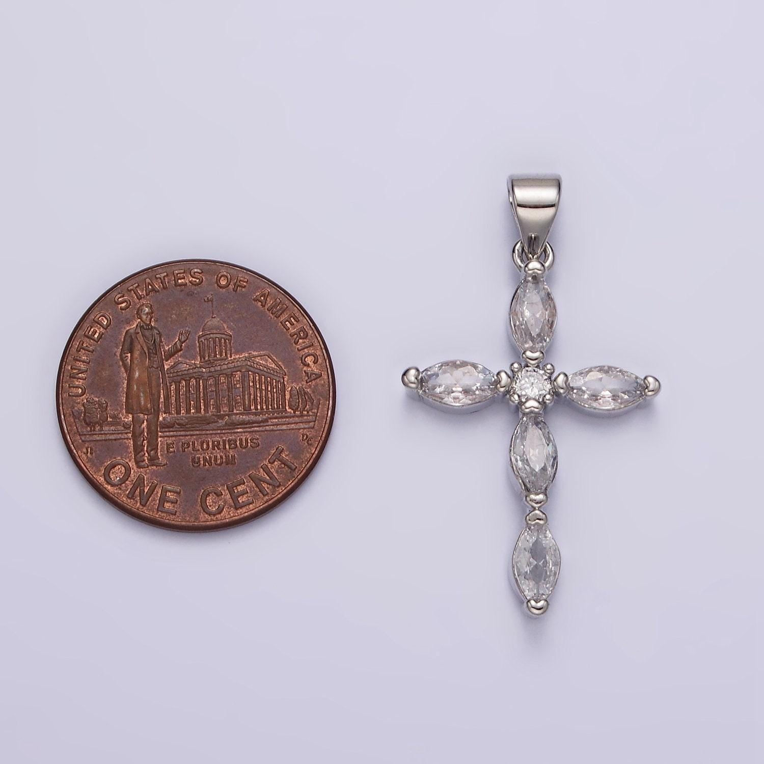 Rhodium plated clear marquise lined religious cross pendant | aa-1103