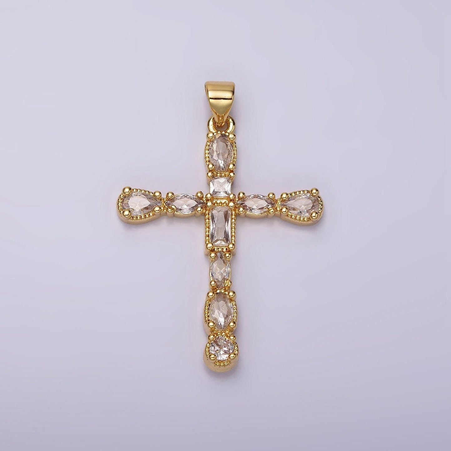 24k gold filled clear cz geometric latin cross pendant | n1922