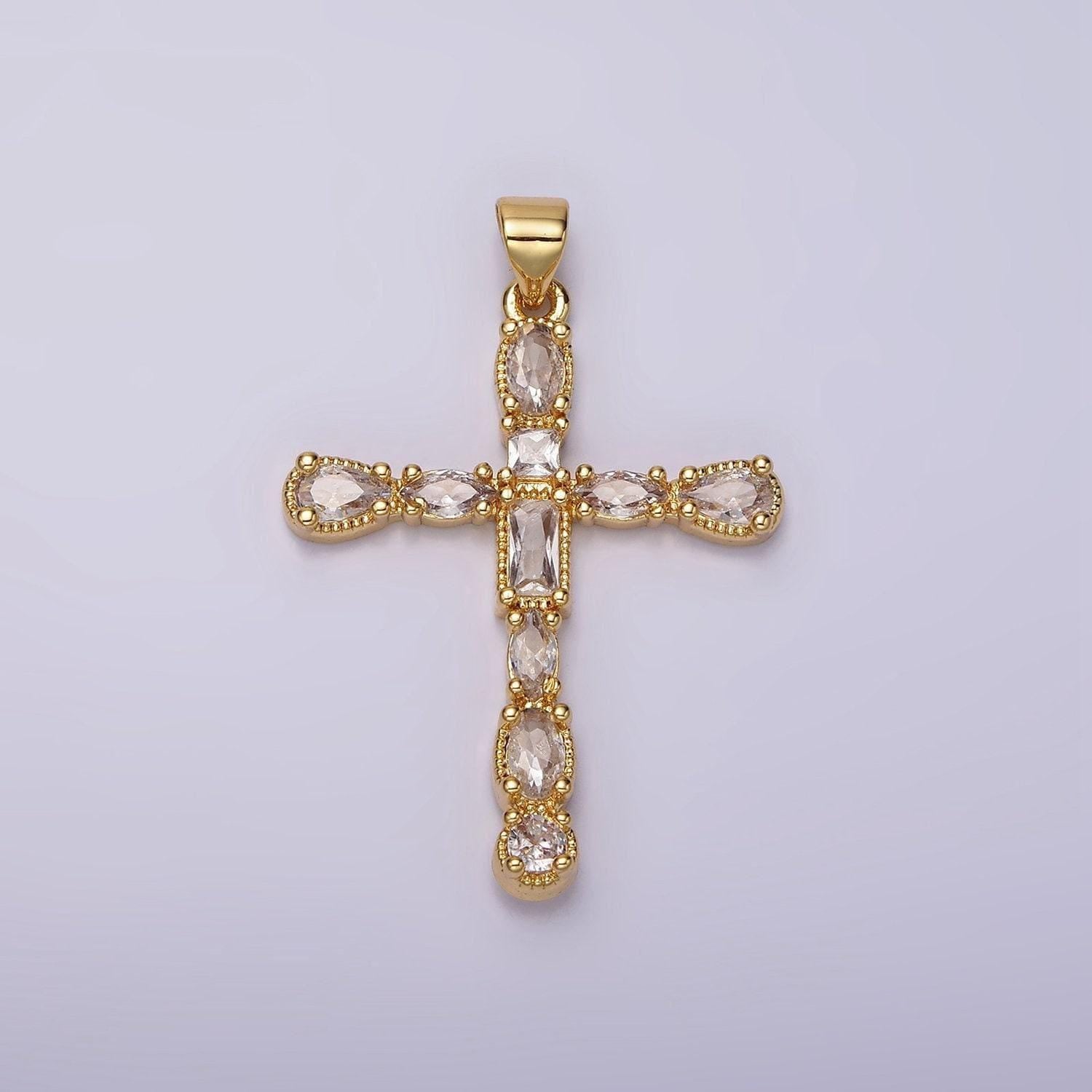 24k gold filled clear cz geometric latin cross pendant | n1922