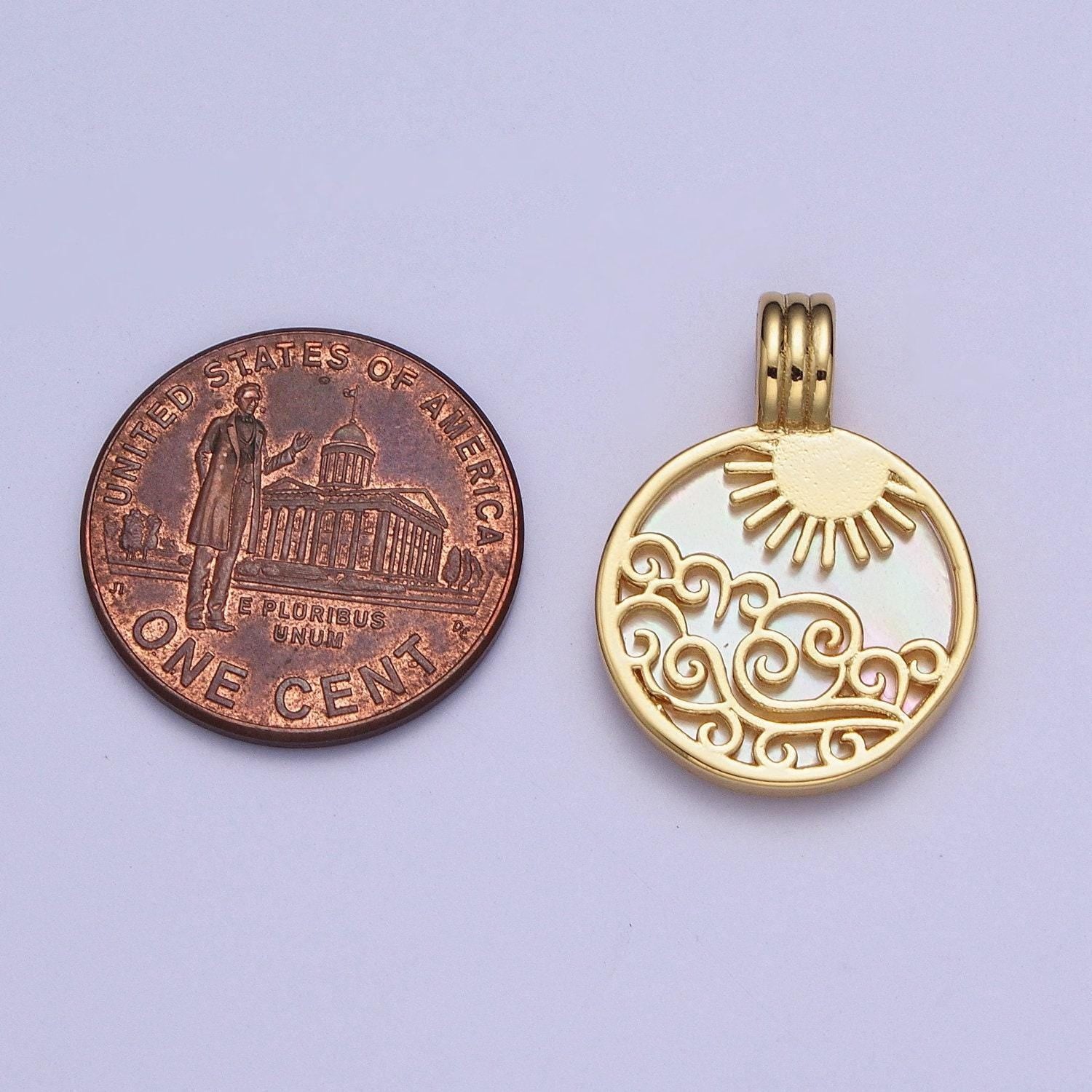 24k gold filled element collection: gold element sun ray pendants, fire wind earth water coin medallion charms | x-402~x-405